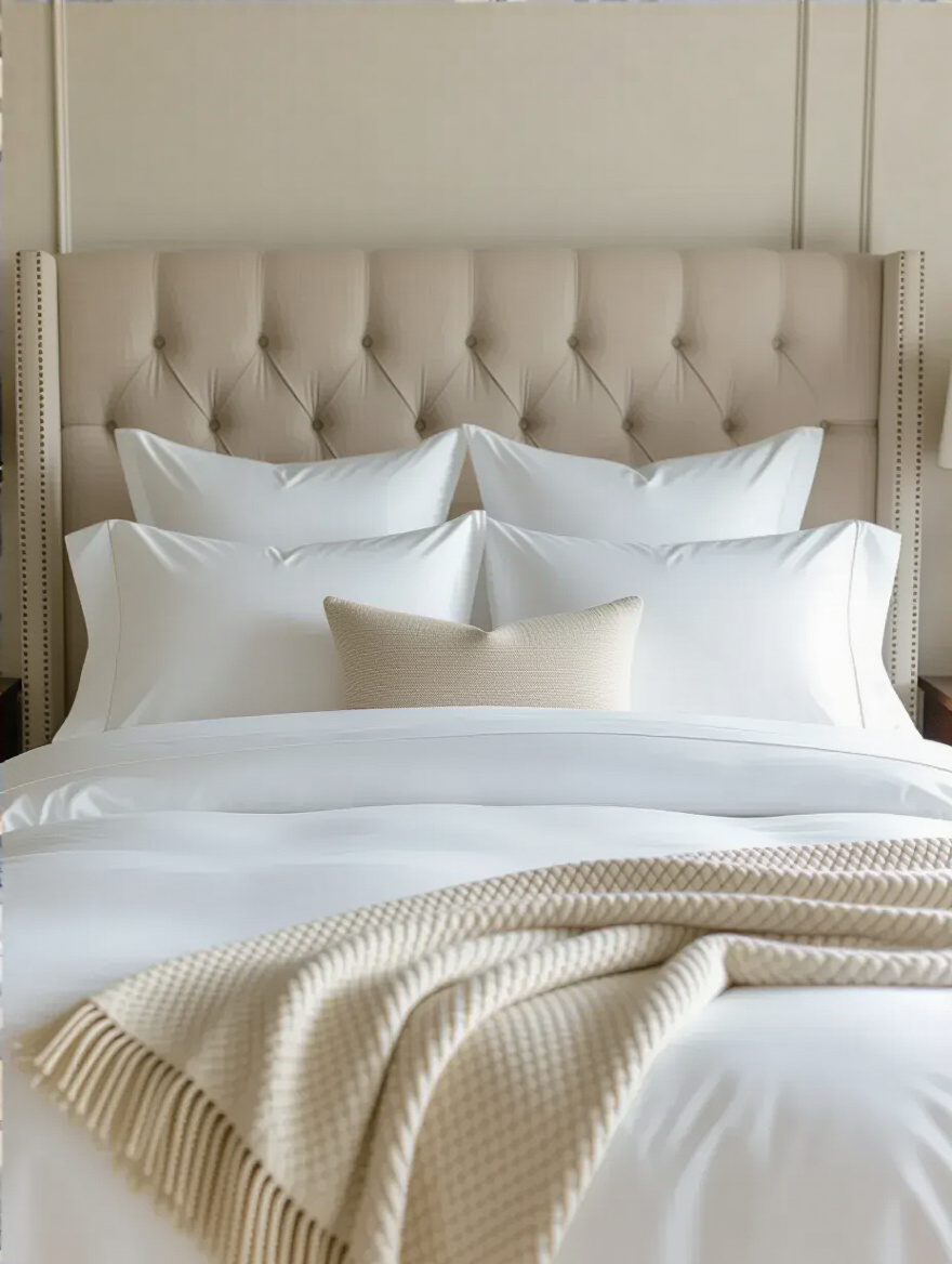 Luxuriously styled bed with crisp white sheets, a plush duvet, and a hierarchy of decorative pillows, resembling a five-star hotel bed in a master bedroom.