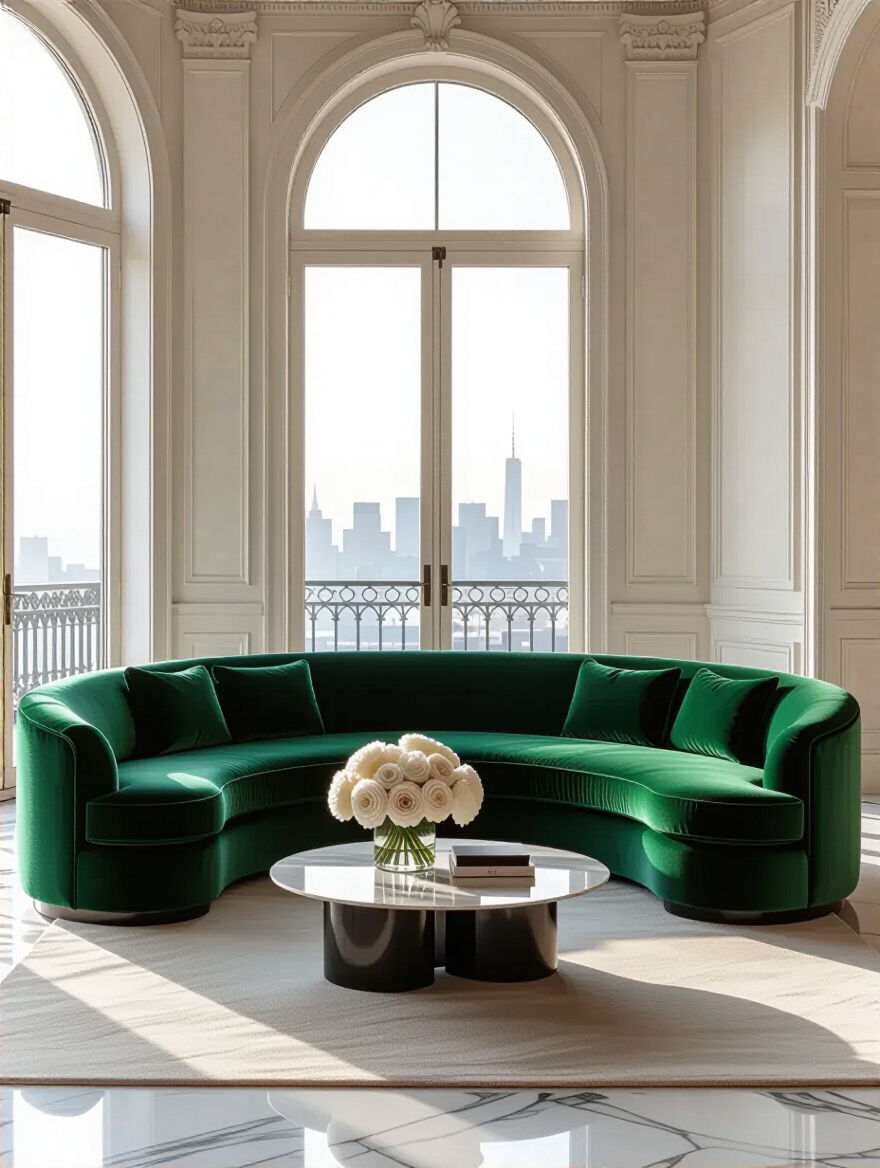 Luxurious emerald green velvet crescent statement sofa in a grand living room, the central piece of furniture with soft ambient lighting.