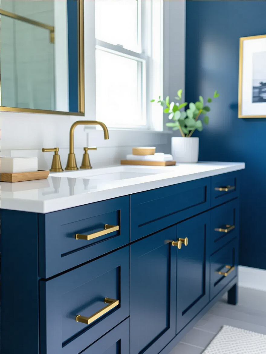 Transformed bathroom vanity painted in a modern deep blue with new brushed brass hardware, showcasing a budget-friendly DIY update.