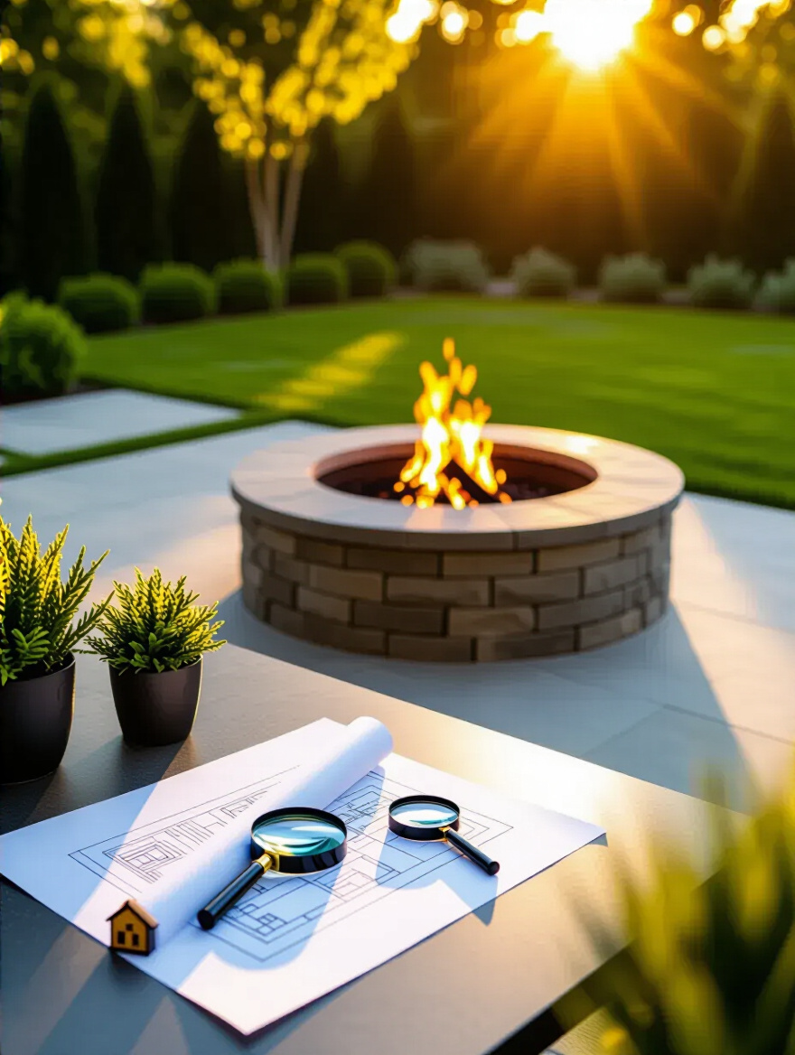 Illustration representing understanding local fire codes and permit requirements for backyard fire pits, with blueprints and a magnifying glass on an outdoor table, safe planning.