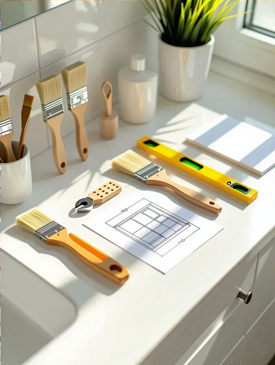 A clean, modern bathroom vanity with various DIY tools neatly laid out, suggesting preparation for a renovation. A schematic drawing of a bathroom is visible in the background, implying careful planning and skill assessment.