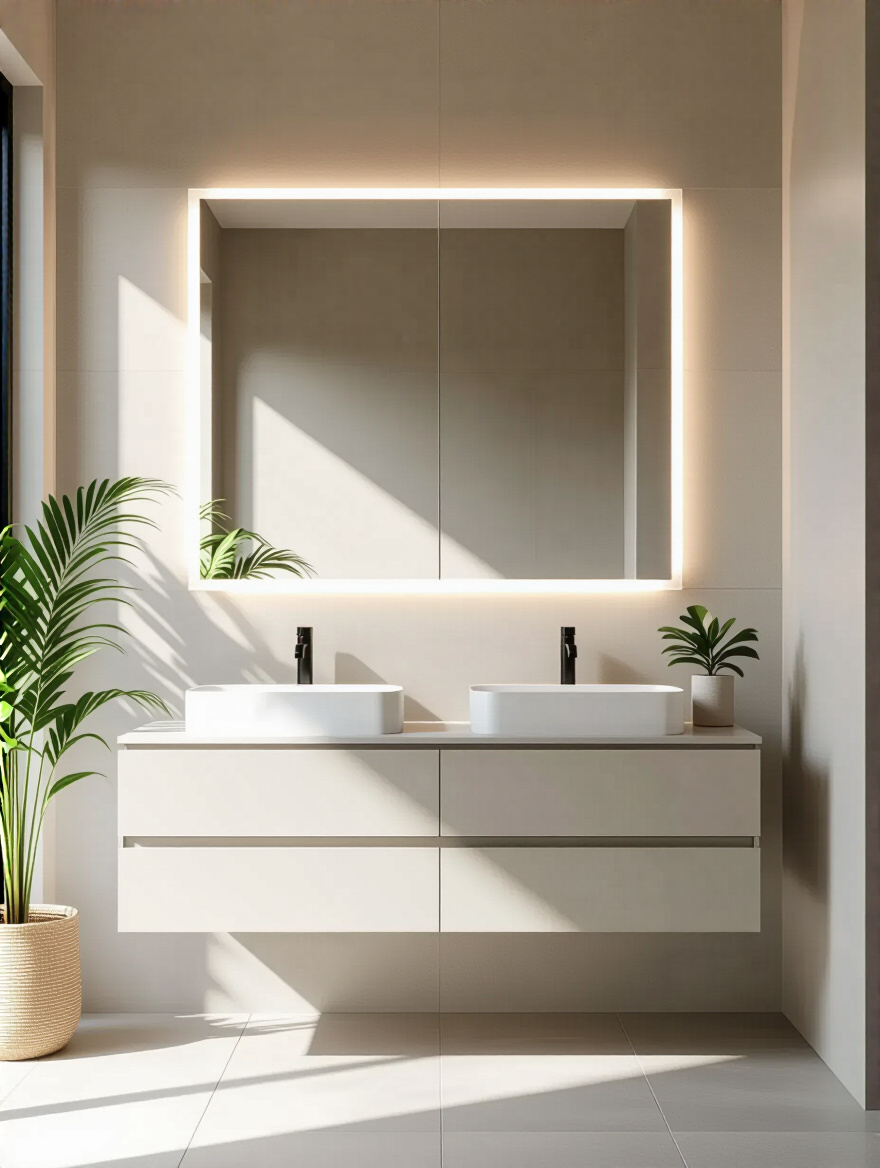 Modern bathroom with a large, frameless mirror that visually expands the room and reflects abundant light, creating a brighter and more spacious feel.