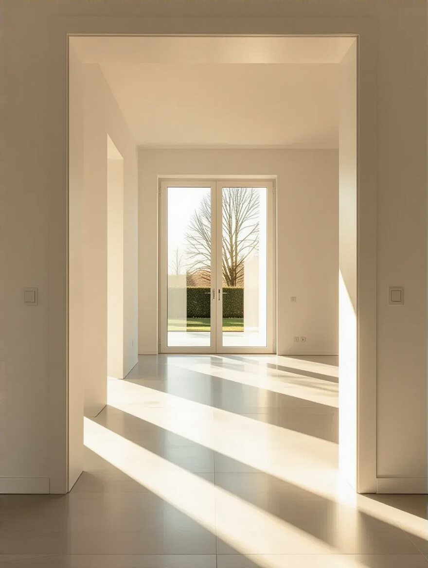 Empty modern living room with wide doorways and a clear path, representing smooth couch delivery logistics and room access verification.