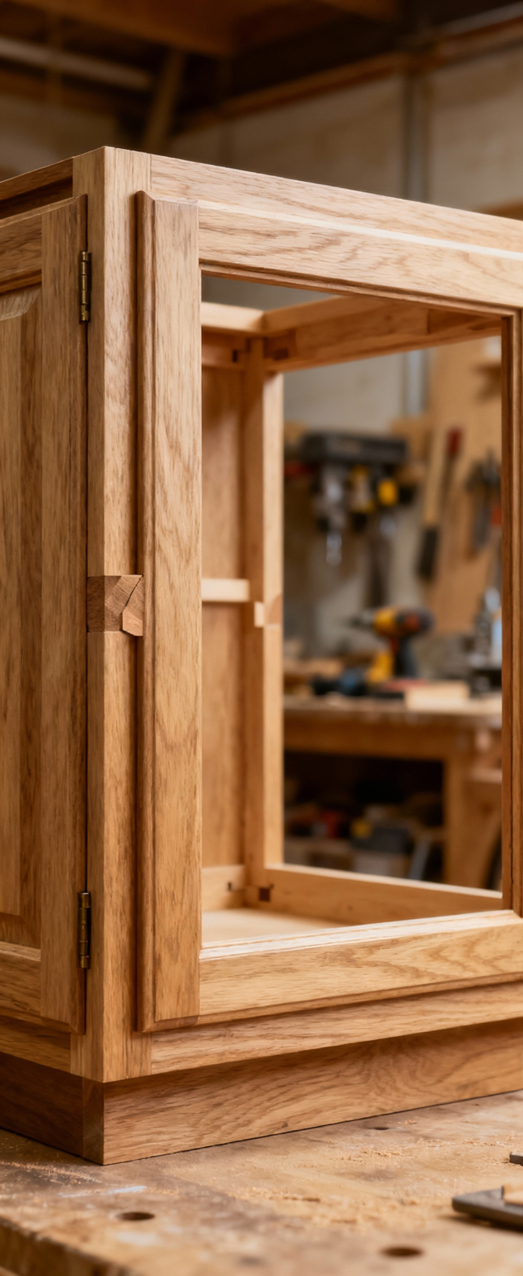 Close-up of a partially constructed traditional kitchen face-frame cabinet, showcasing solid wood joinery, structural frame, and potential for custom door overlays.