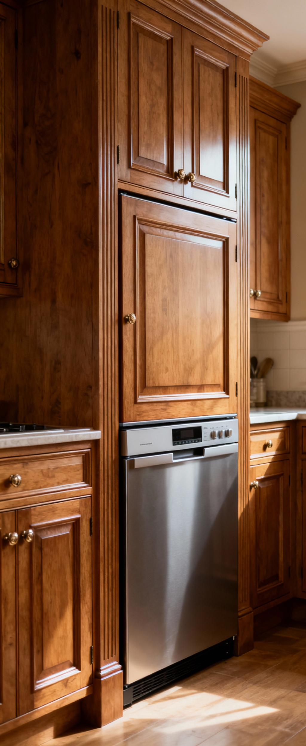 Portrait view of a traditional kitchen with beautifully integrated, paneled appliances blending into custom Georgian-style cabinetry, showcasing hidden modern conveniences.