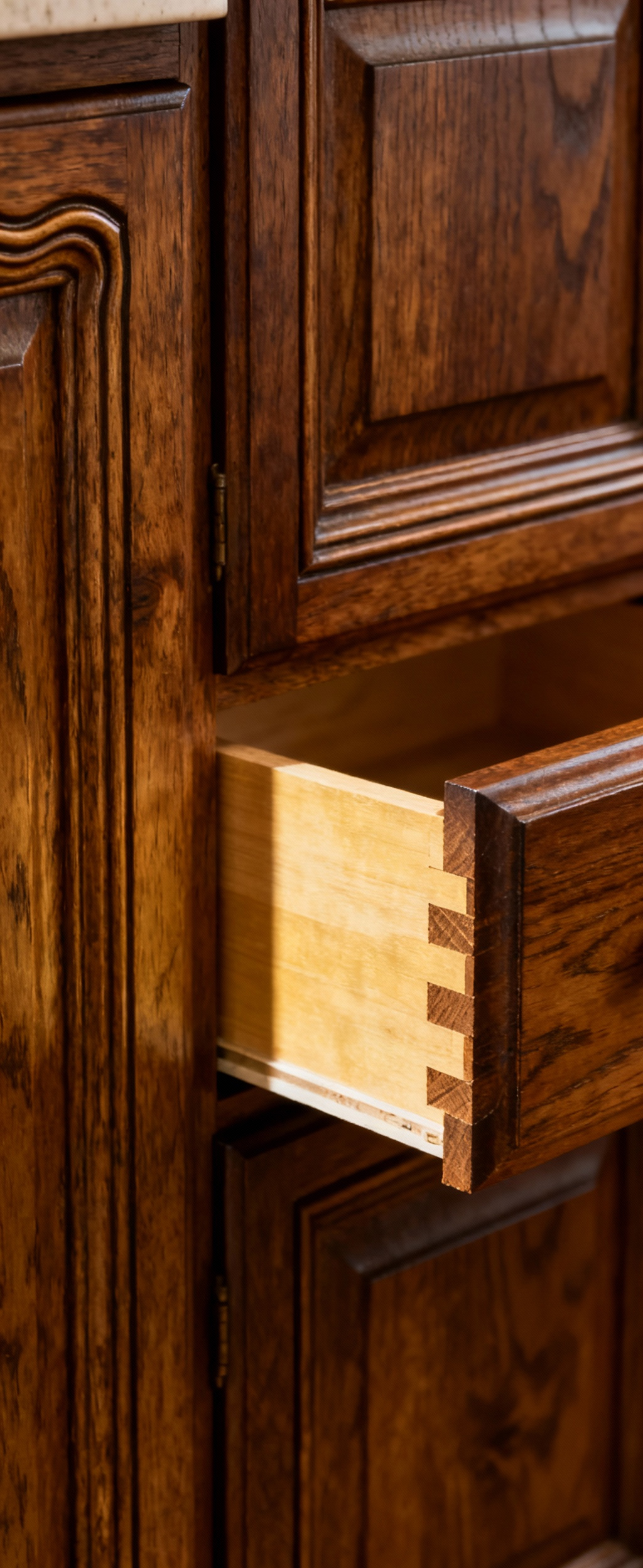 Close-up of a meticulously crafted traditional kitchen cabinet door with visible hand-cut dovetail joinery, symbolizing expert traditional cabinetry craftsmanship.