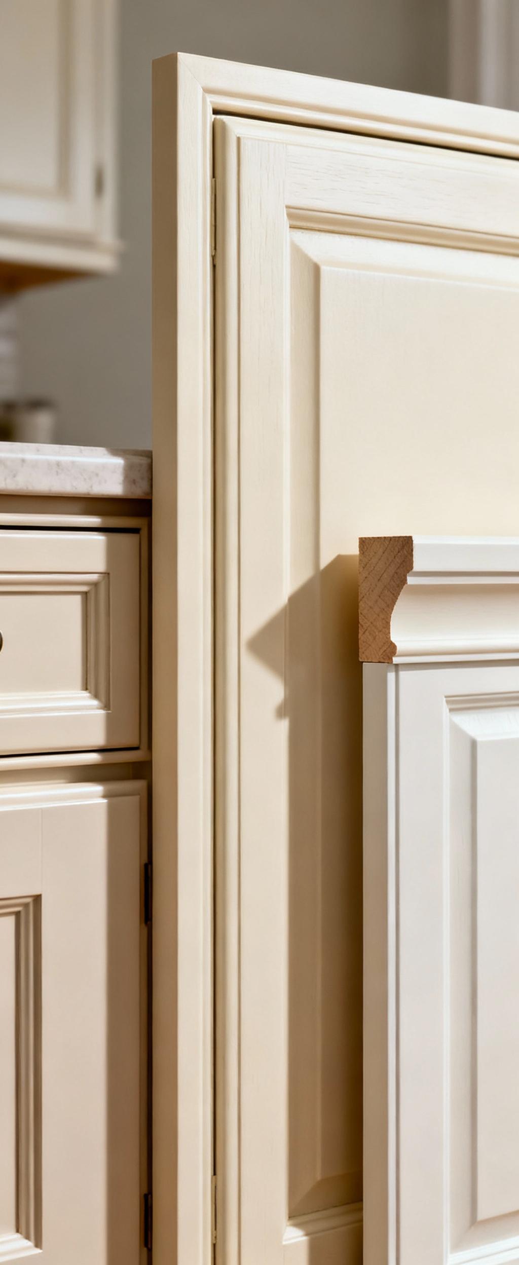 Detailed portrait view showcasing three different traditional cabinet door profiles: inset, full overlay, and lipped, highlighting their distinct joinery and how they sit within or over the cabinet frame, in a traditional kitchen setting.