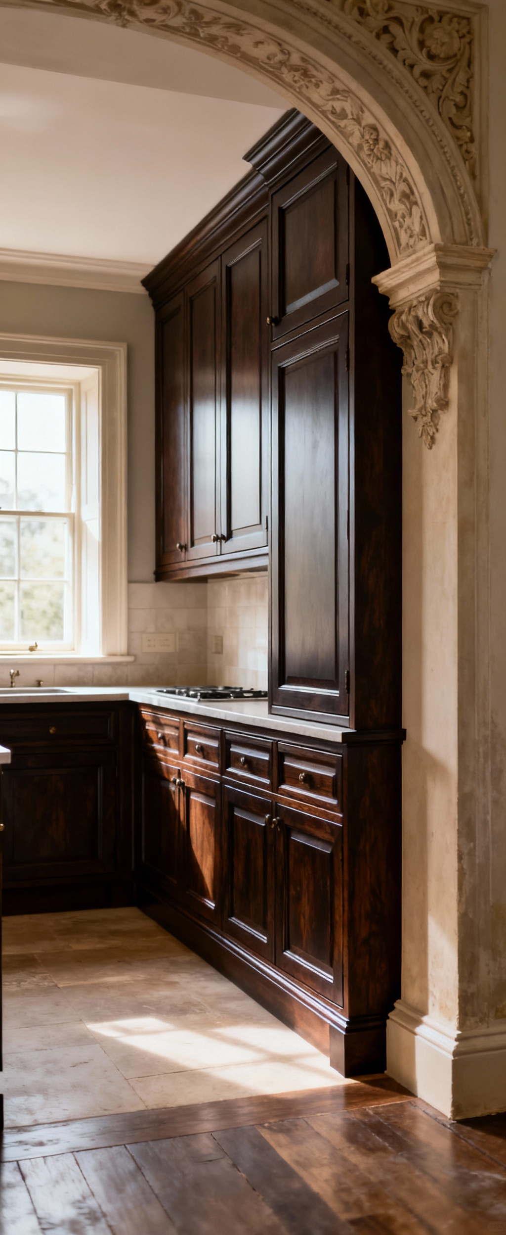 A meticulously installed dark wood inset cabinet run in a traditional kitchen, showing a perfect, seamless integration with the ornate architectural details of a wall corner, highlighted by soft natural light.
