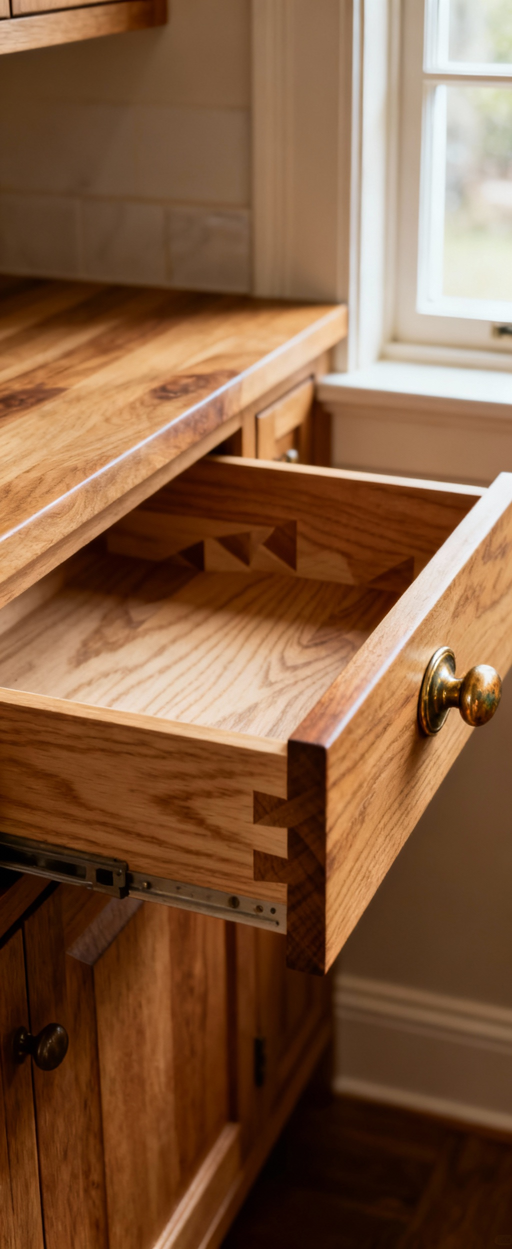 Close-up of authentic traditional kitchen cabinetry showing exposed dovetail joinery in solid quartersawn white oak and an antique brass pull, symbolizing genuine materials and craftsmanship.