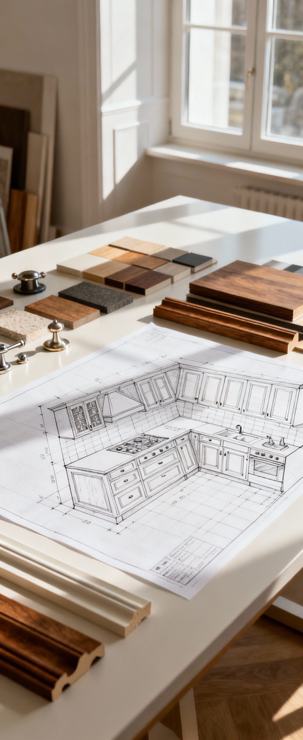 Detailed architectural blueprint of traditional kitchen cabinetry on a design table with material samples, illustrating collaborative design.