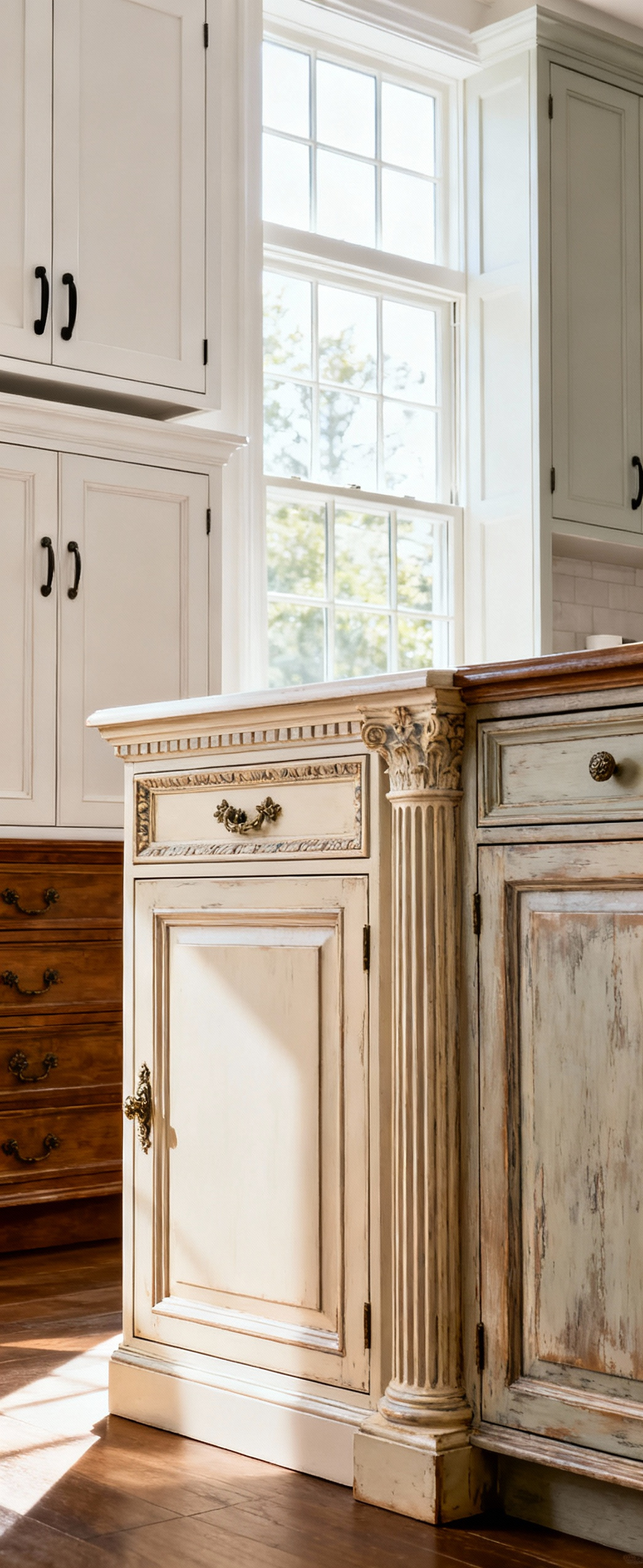 Close-up of diverse traditional kitchen cabinetry styles showcasing architectural details and joinery techniques like Shaker, Georgian, and French Country.