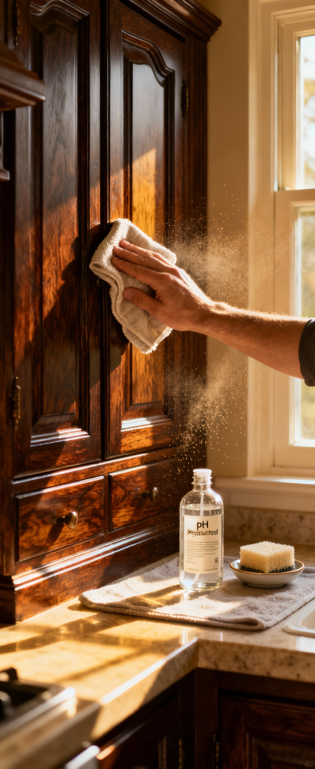Close-up of a hand carefully cleaning a dark wood traditional kitchen cabinet, demonstrating meticulous maintenance, with wood cleaner and cloth nearby.