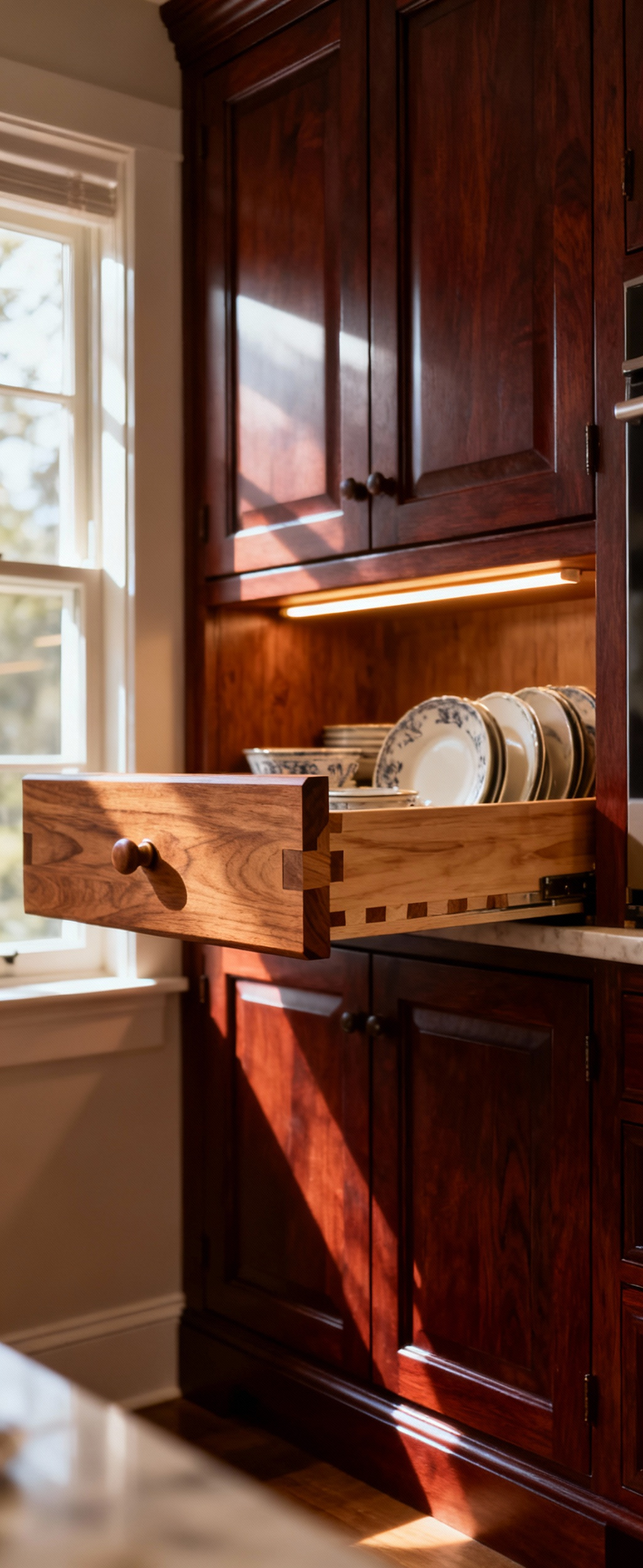 Detailed view inside a traditional cherry wood kitchen cabinet with a custom-fitted solid oak pull-out shelf and concealed LED lighting, showcasing subtle post-installation fine-tuning.