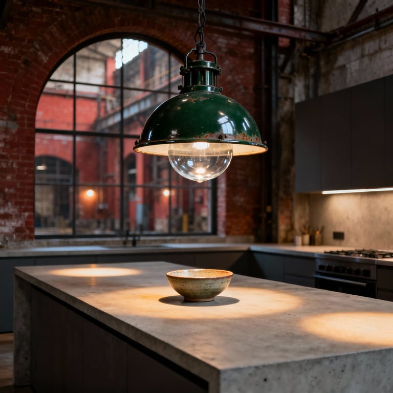 A green enameled vintage industrial pendant light hangs over a minimalist kitchen island, with a soft-focus historical factory interior visible in the background, illustrating the journey of industrial kitchen lighting.
