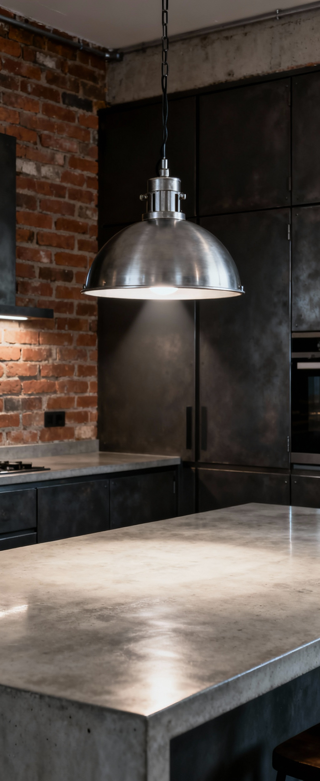 Portrait view of a modern industrial kitchen featuring a single, heavy-gauge spun steel pendant light providing focused task illumination over a concrete countertop.