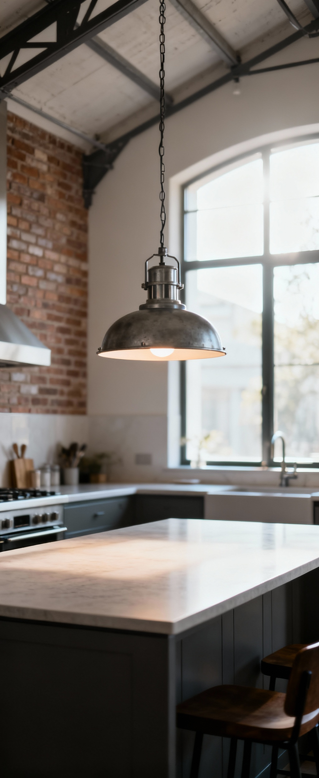 Well-proportioned industrial pendant light hanging elegantly above a sleek kitchen island in a modern industrial kitchen, illustrating balanced scale and harmonious spatial integration.