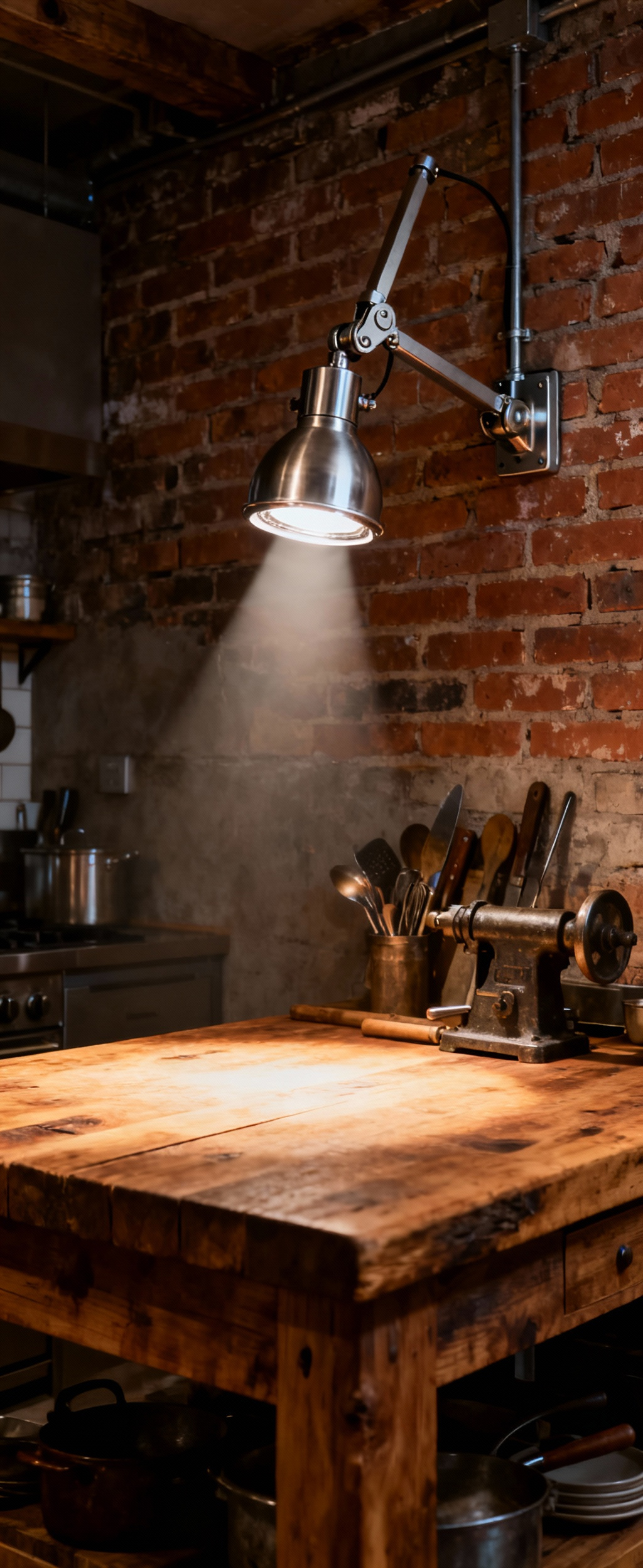 Industrial kitchen with a gimballed spot fixture casting focused light onto a stainless steel countertop, highlighting precision task lighting.