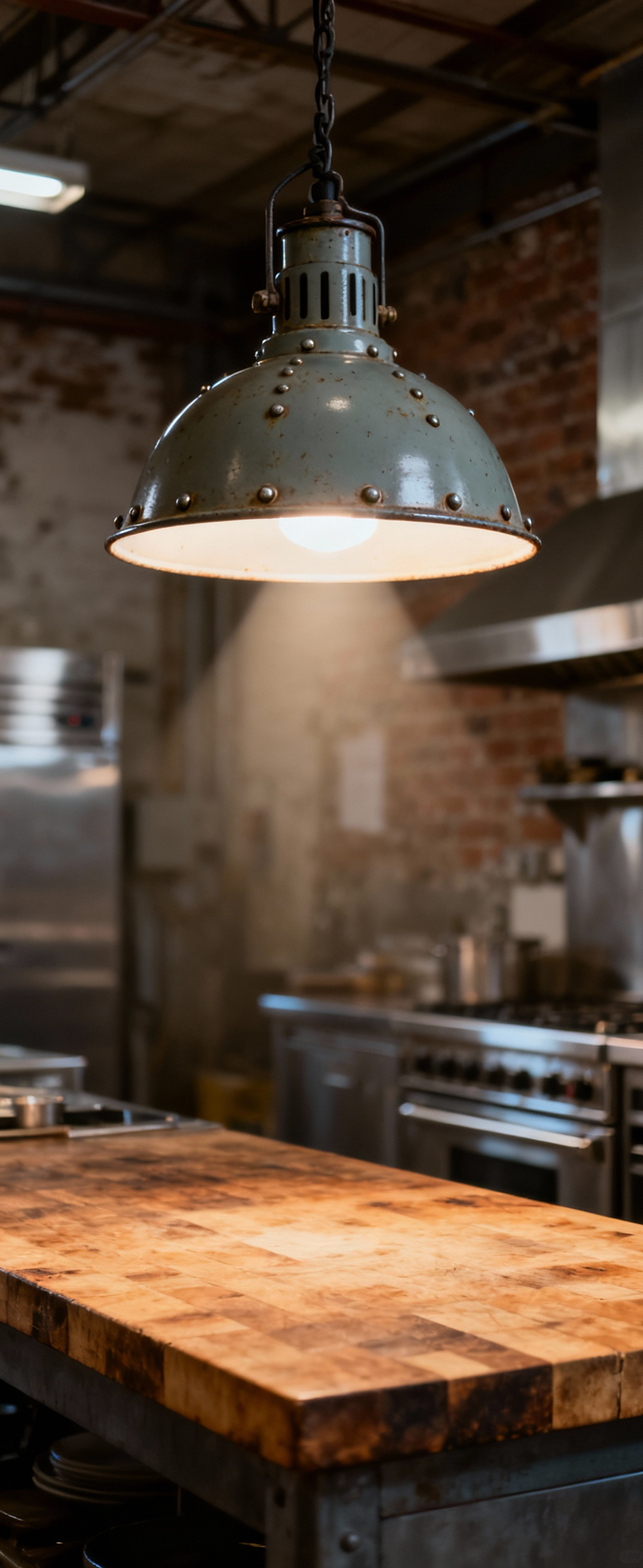 Riveted enamel industrial kitchen pendant light over a butcher block, highlighting robust design and effective task lighting.