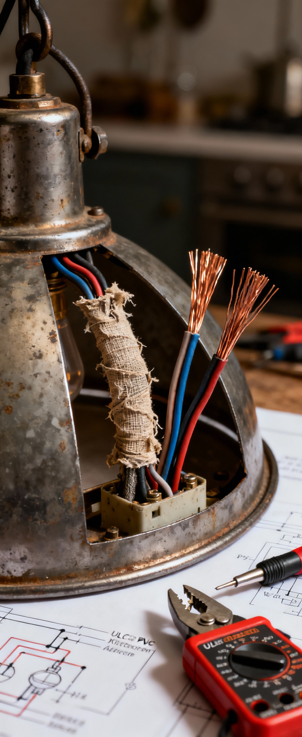 Close-up of a vintage industrial light fixture being rewired with new, UL-listed electrical components to meet modern safety codes.