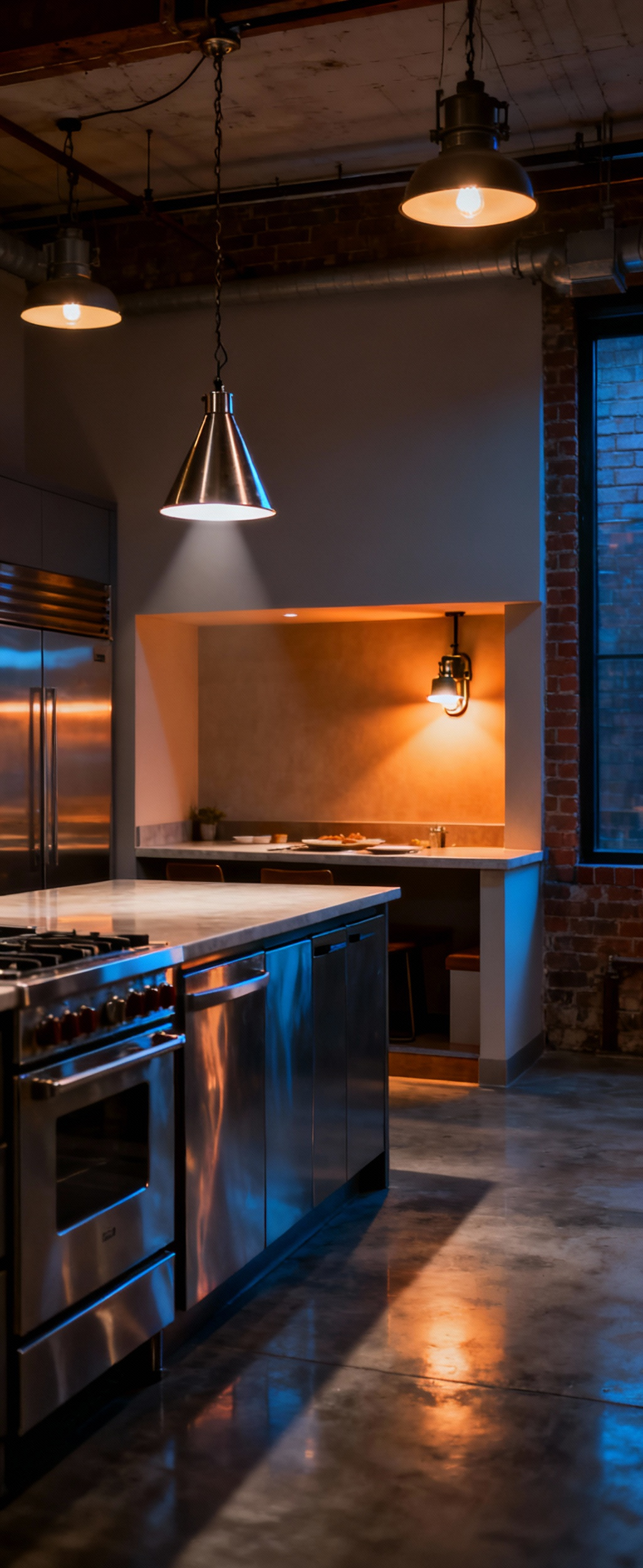 Layered industrial kitchen lighting design, showcasing task, ambient, and accent lights in a multifunctional kitchen space with exposed brick and stainless steel.