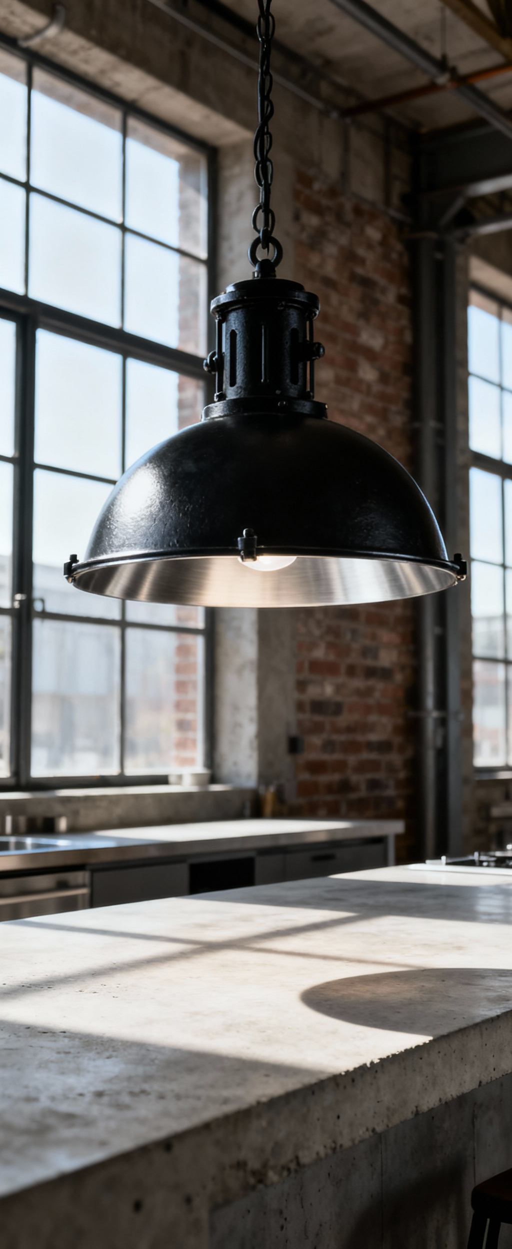 Industrial kitchen pendant light fixture made of matte black cast iron and brushed aluminum, highlighting durable lighting materials.
