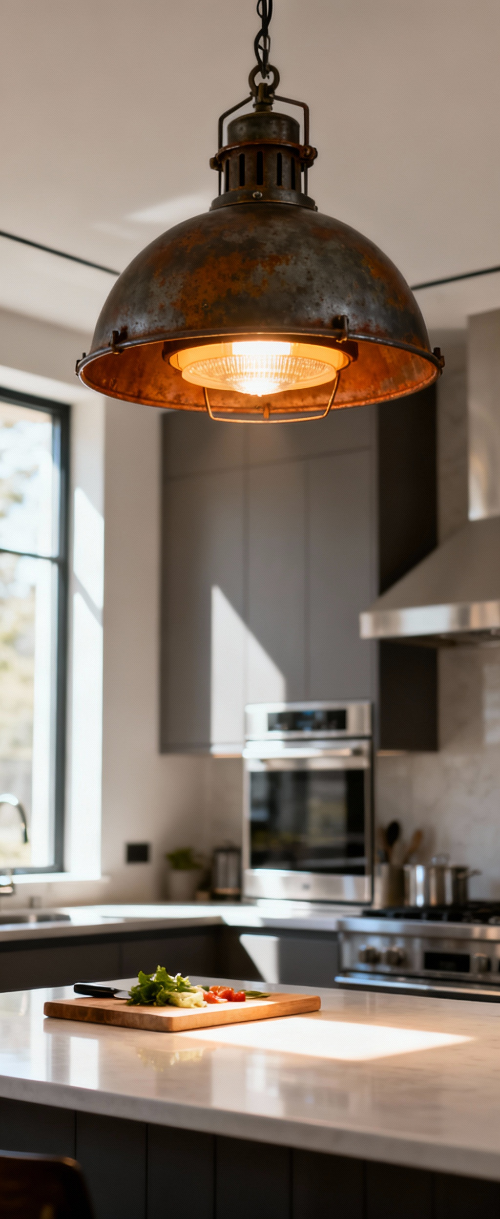 Close-up of a vintage industrial RLM dome pendant light with integrated LED, hanging over a kitchen island, showcasing the blend of heritage and modern lighting technology in a stylish kitchen.