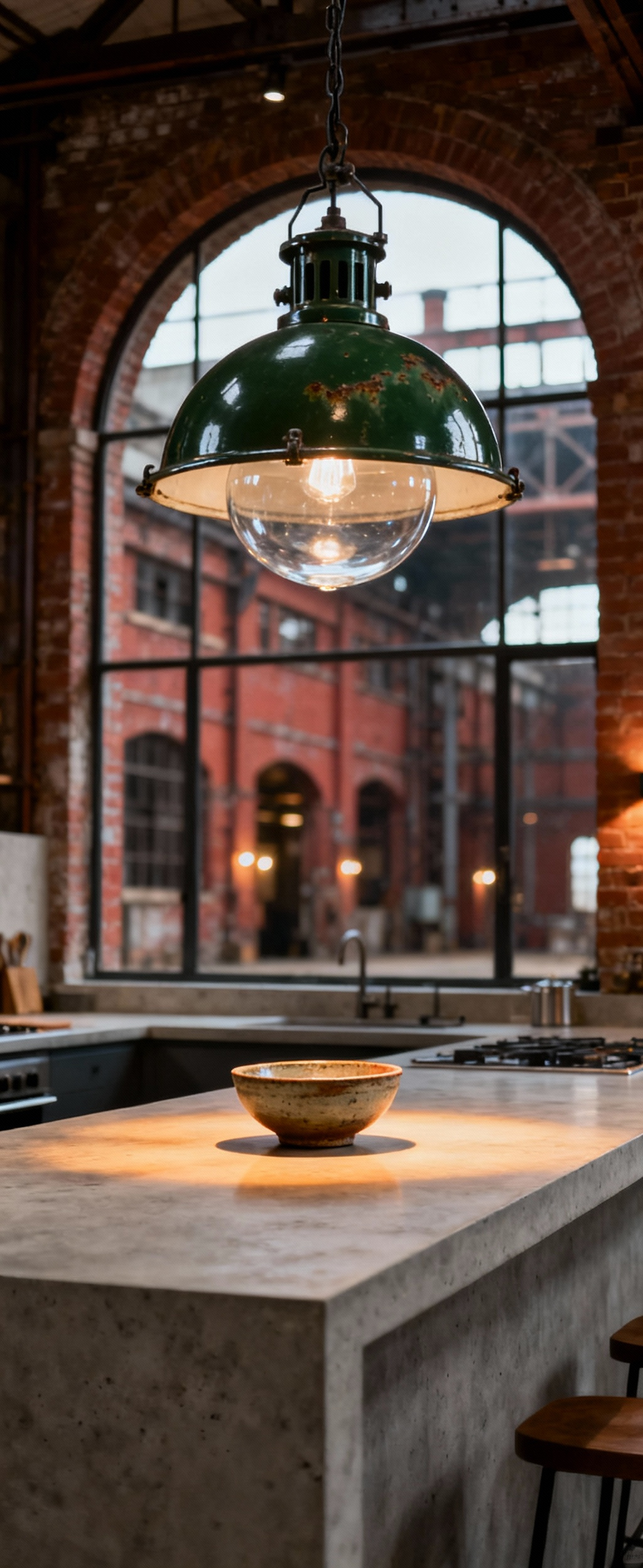 A green enameled vintage industrial pendant light hangs over a minimalist kitchen island, with a soft-focus historical factory interior visible in the background, illustrating the journey of industrial kitchen lighting.
