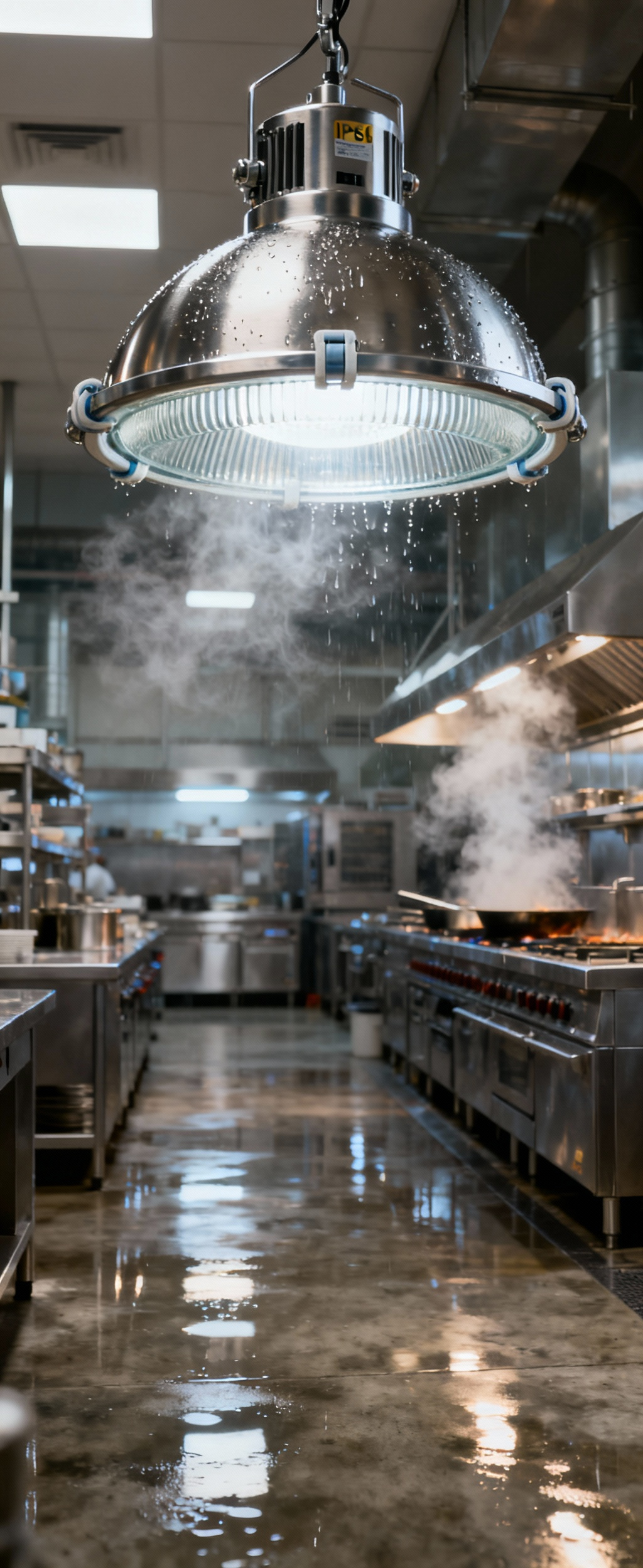 Industrial kitchen pendant light, IP65 rated, stainless steel with glass diffuser, showing resilience against steam and moisture in a professional setting.
