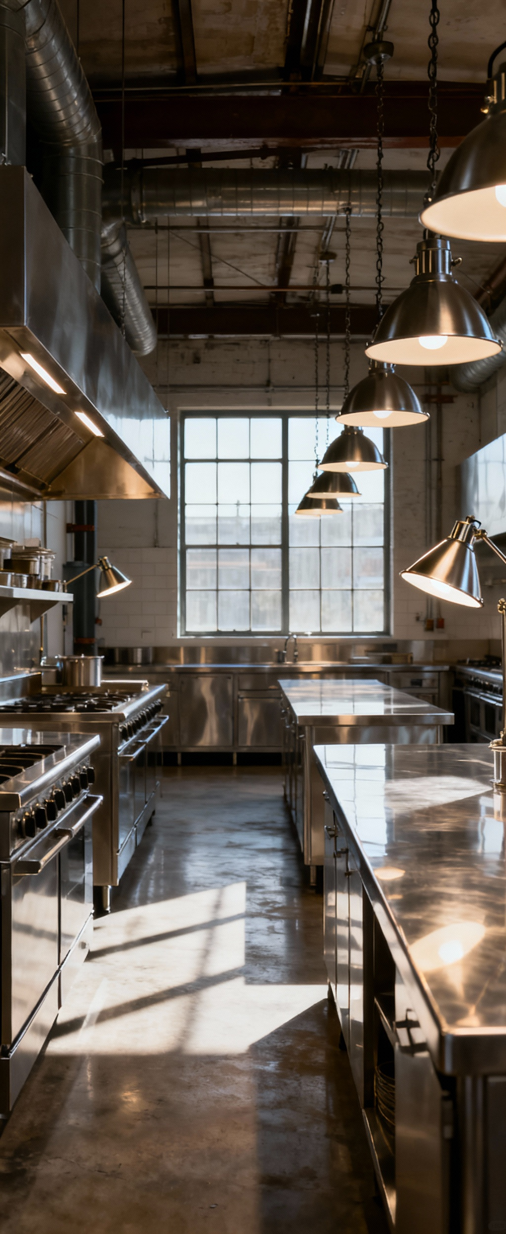 Industrial kitchen with expertly designed RLM lighting fixtures showcasing glare mitigation on stainless steel surfaces, creating visual comfort.
