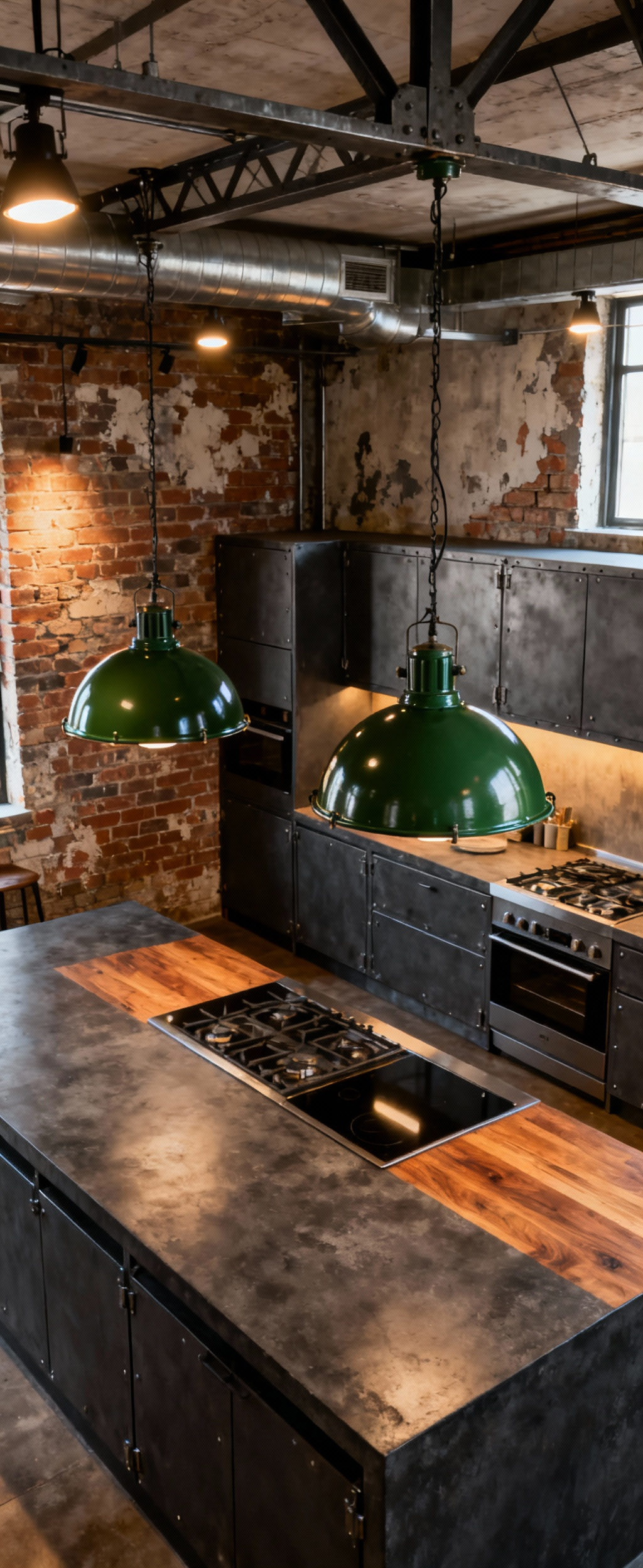 Overhead view of a modern industrial kitchen with forest-green RLM domed pendant lights above a concrete island, dark metal cabinetry, and exposed brick.