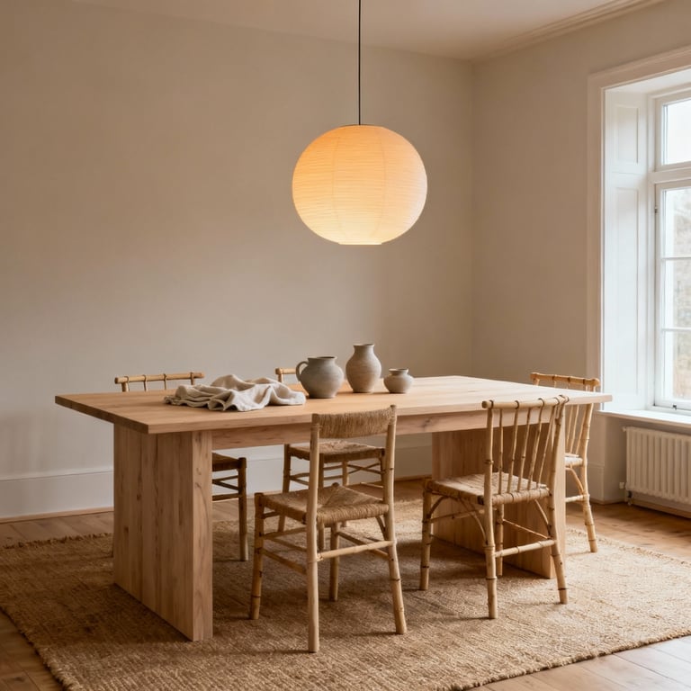 A minimalist and cozy Scandinavian-style dining room with a natural wood table, ergonomic chairs, layered lighting, and natural textiles, designed for comfort and purposeful moderation.