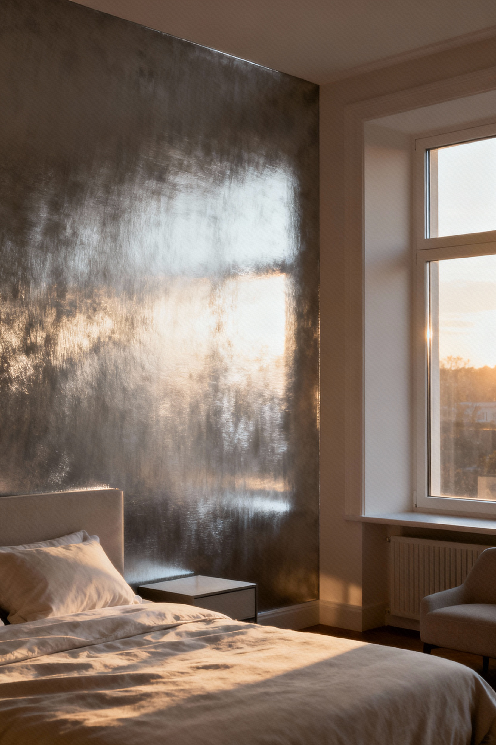 Master bedroom with a feature wall of brushed pewter metallic wallpaper reflecting soft natural light, creating a bright and spacious ambiance.