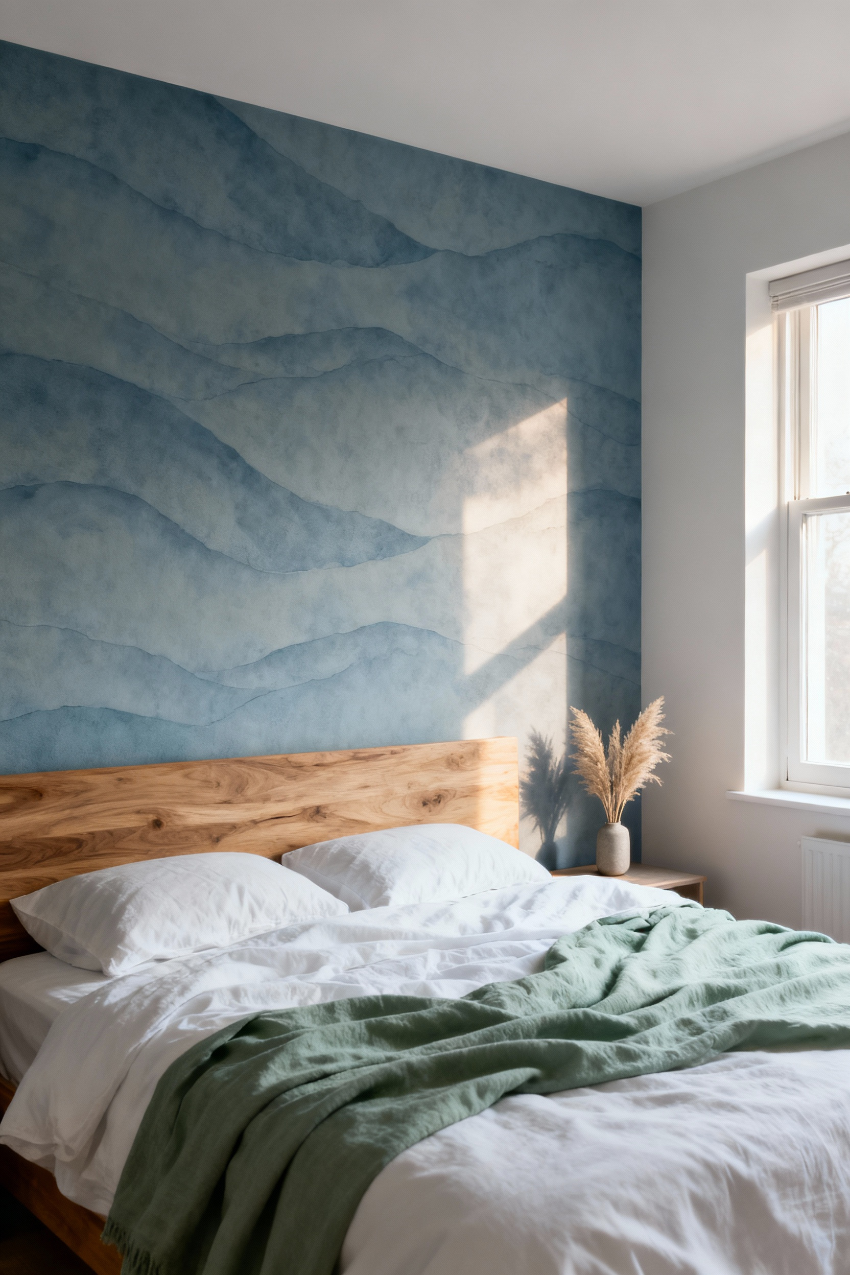 Serene master bedroom featuring muted blue-grey textured wallpaper catching soft morning sunlight, designed for circadian resonance to enhance sleep and mood, with no people.