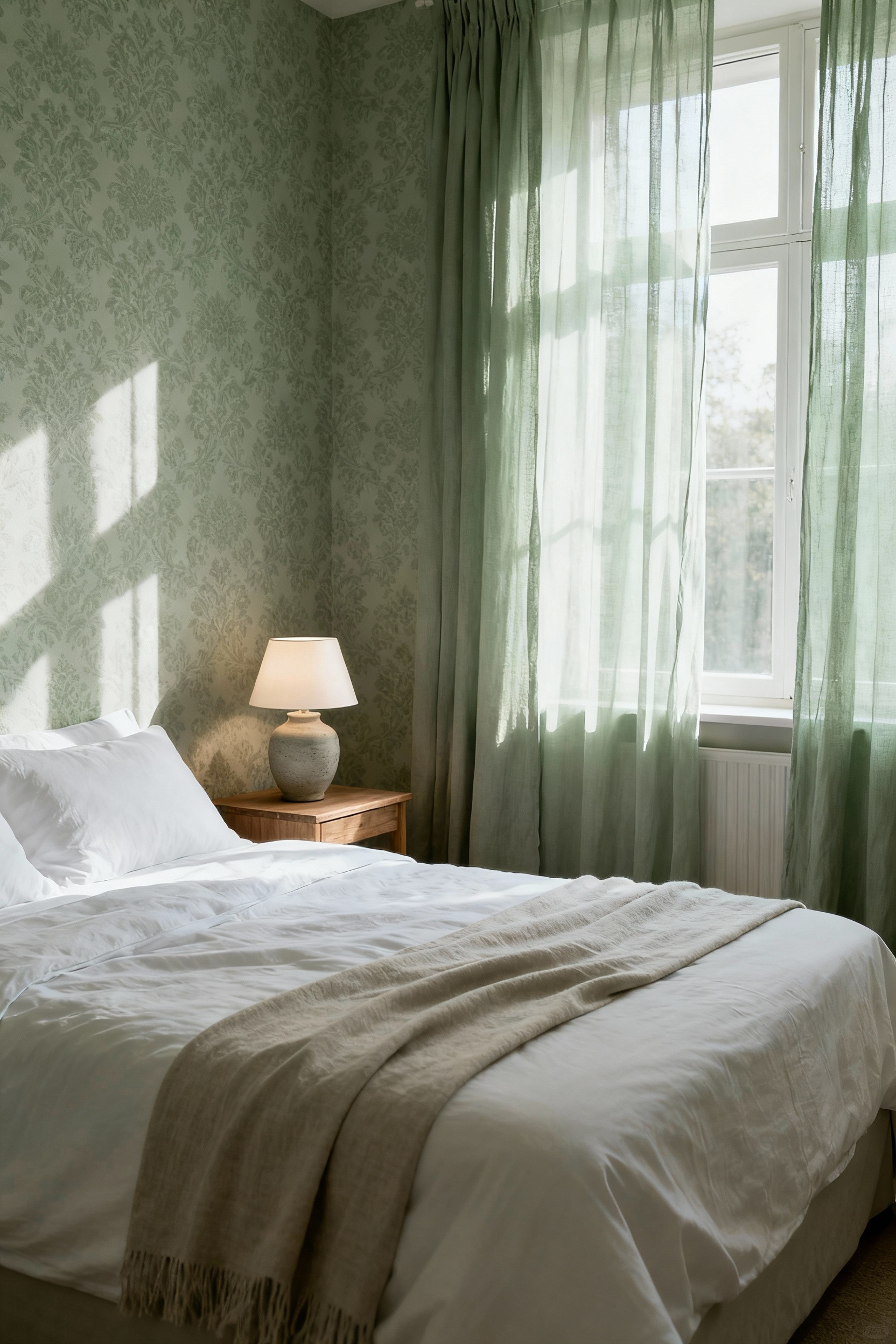 Serene master bedroom with subtle sage green tone-on-tone damask wallpaper, natural light, and minimalist furnishings, representing adaptable design for long-term aesthetic appeal.