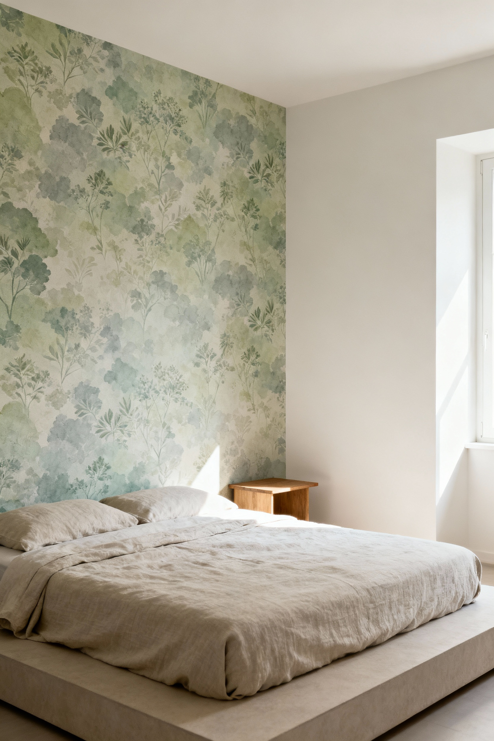 Serene master bedroom interior with a single accent wall featuring delicate, restrained wallpaper, complemented by expansive negative space and minimalist furniture, bathed in soft natural light, conveying tranquility.