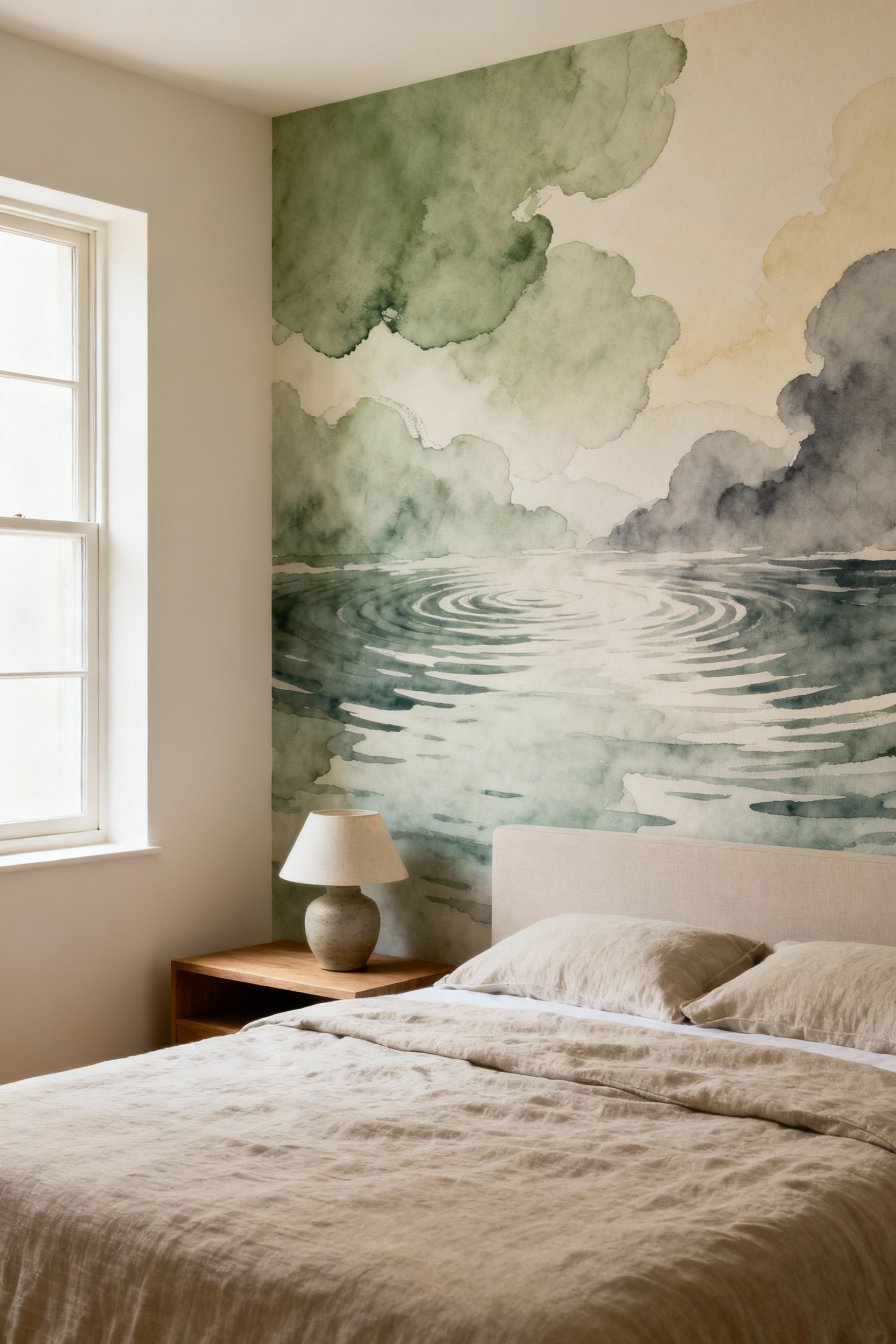 A master bedroom with a serene feature wallpaper wall behind the bed, showing a subtle biophilic pattern in muted sage and cream, creating a focal point for tranquility.