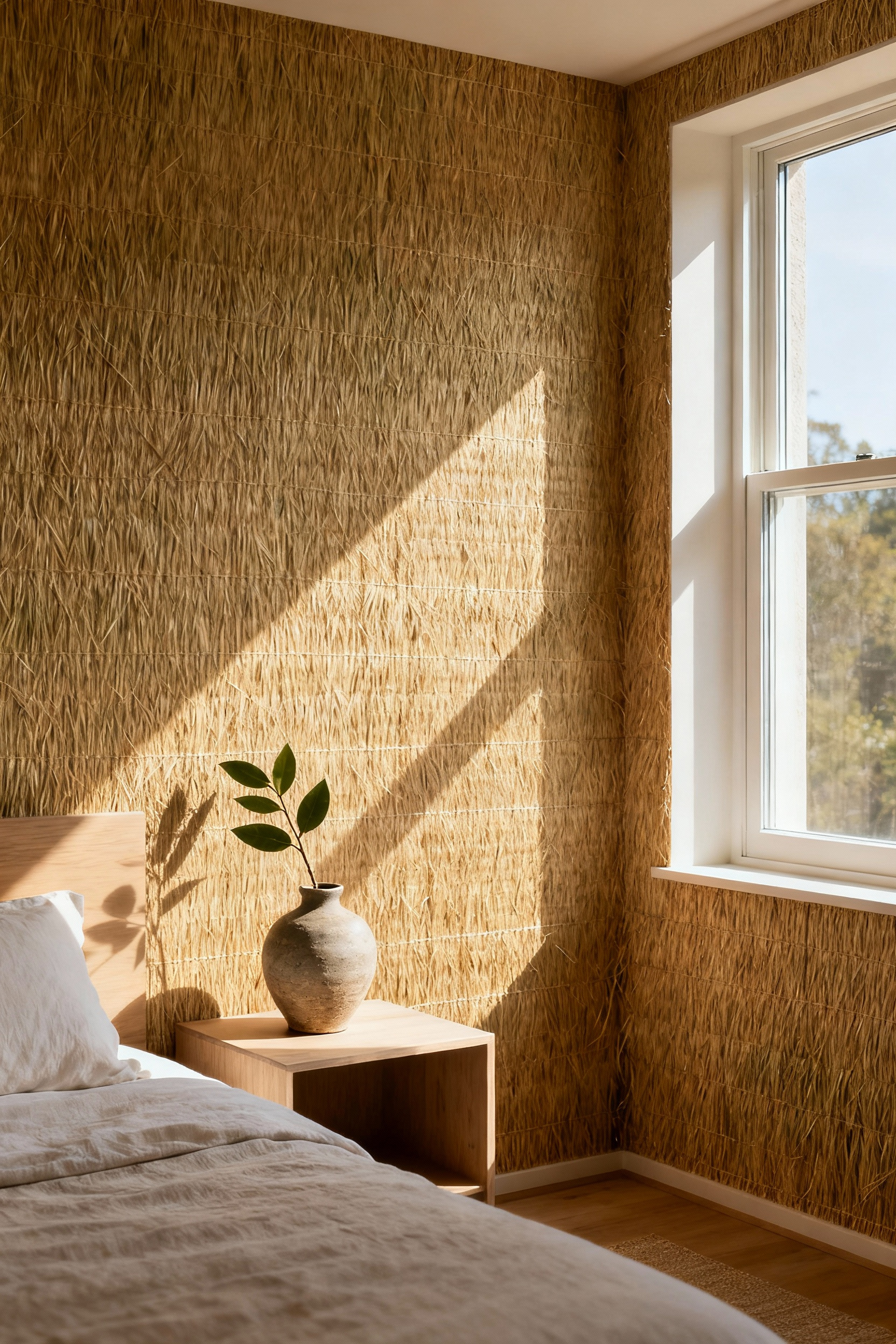 Close-up of ethically sourced natural fiber grasscloth wall covering in a master bedroom, demonstrating sustainable interior design with a warm, textural aesthetic, illuminated by soft window light.