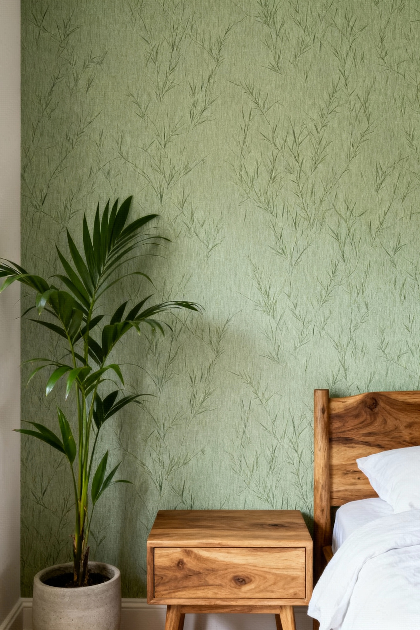 Biophilic master bedroom featuring sage-green grasscloth wallpaper, natural wood furniture, and a live plant under soft diffused lighting.