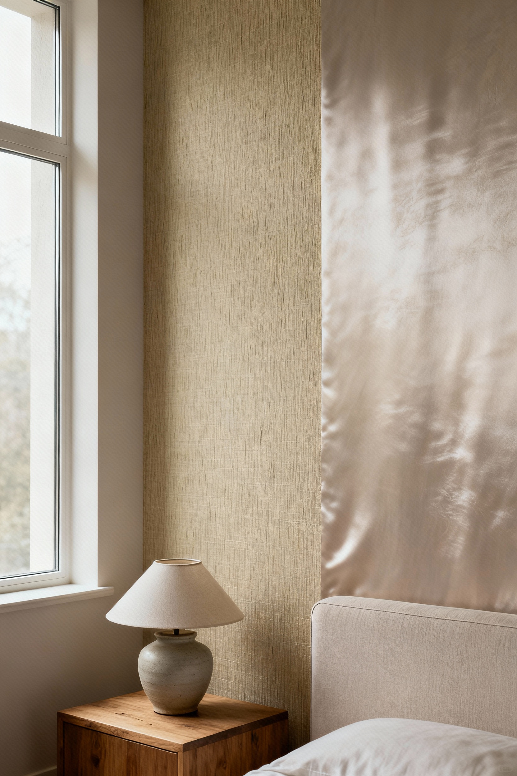 Serene master bedroom featuring natural grasscloth wallpaper on an accent wall and soft silk wallpaper on another wall, with minimalist furnishings and diffused natural light, emphasizing texture.
