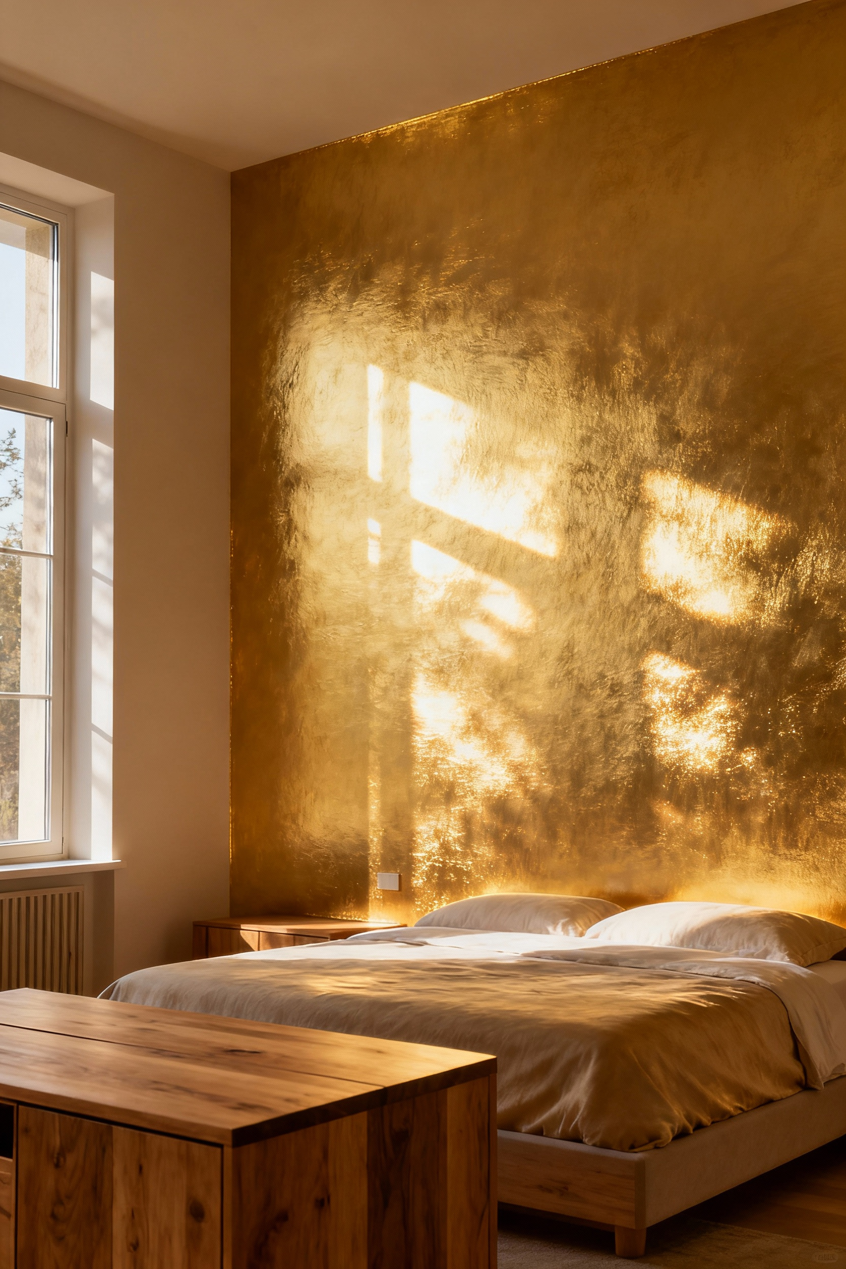 Master bedroom with an accent wall featuring a brushed gold metallic wallpaper, creating subtle reflections and adding depth to the serene space, with natural light and minimalist decor.