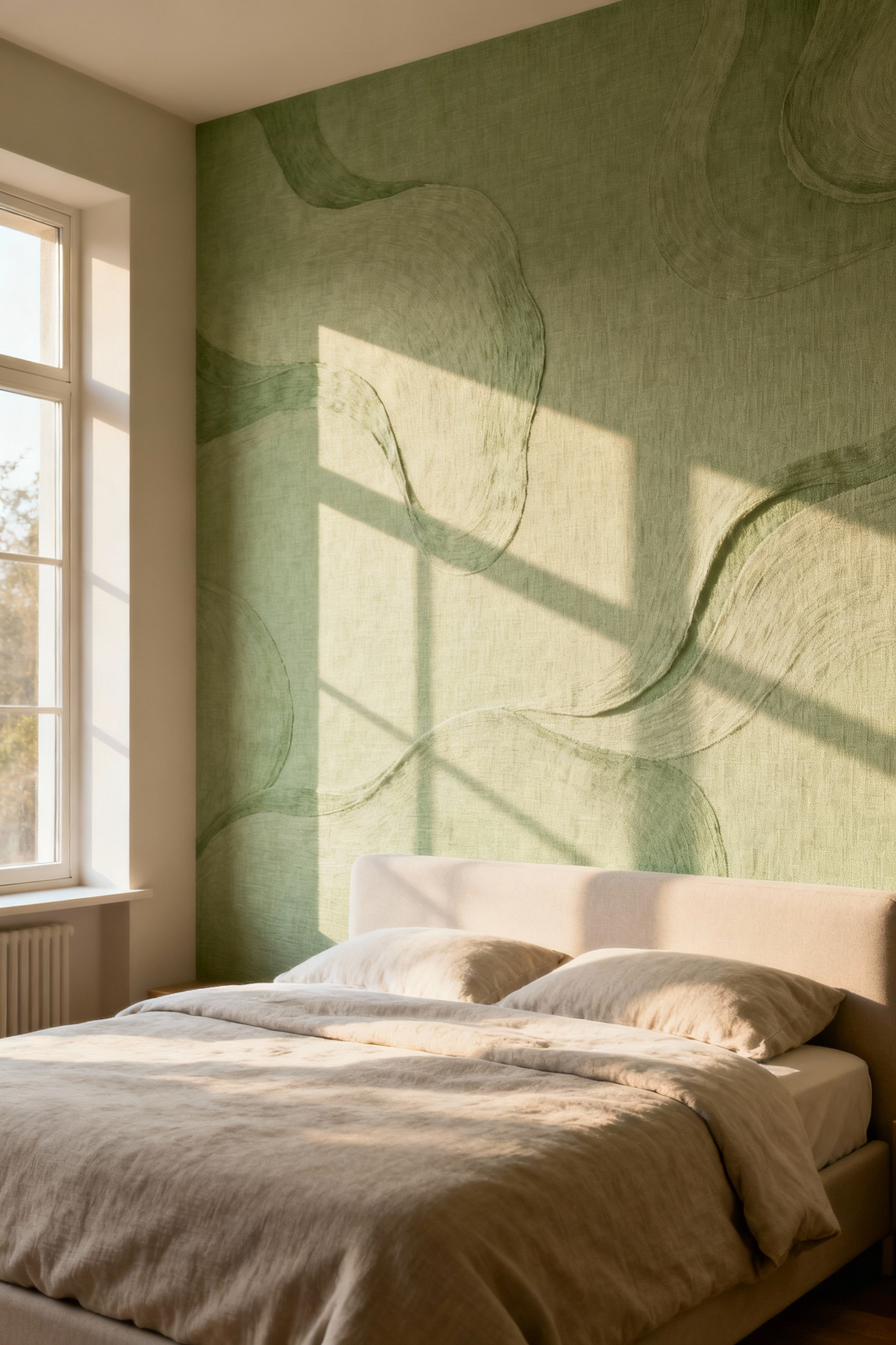 Master bedroom with soft sage green linen-blend wallpaper, subtle undulating pattern, serene, harmonious, natural light, restful.