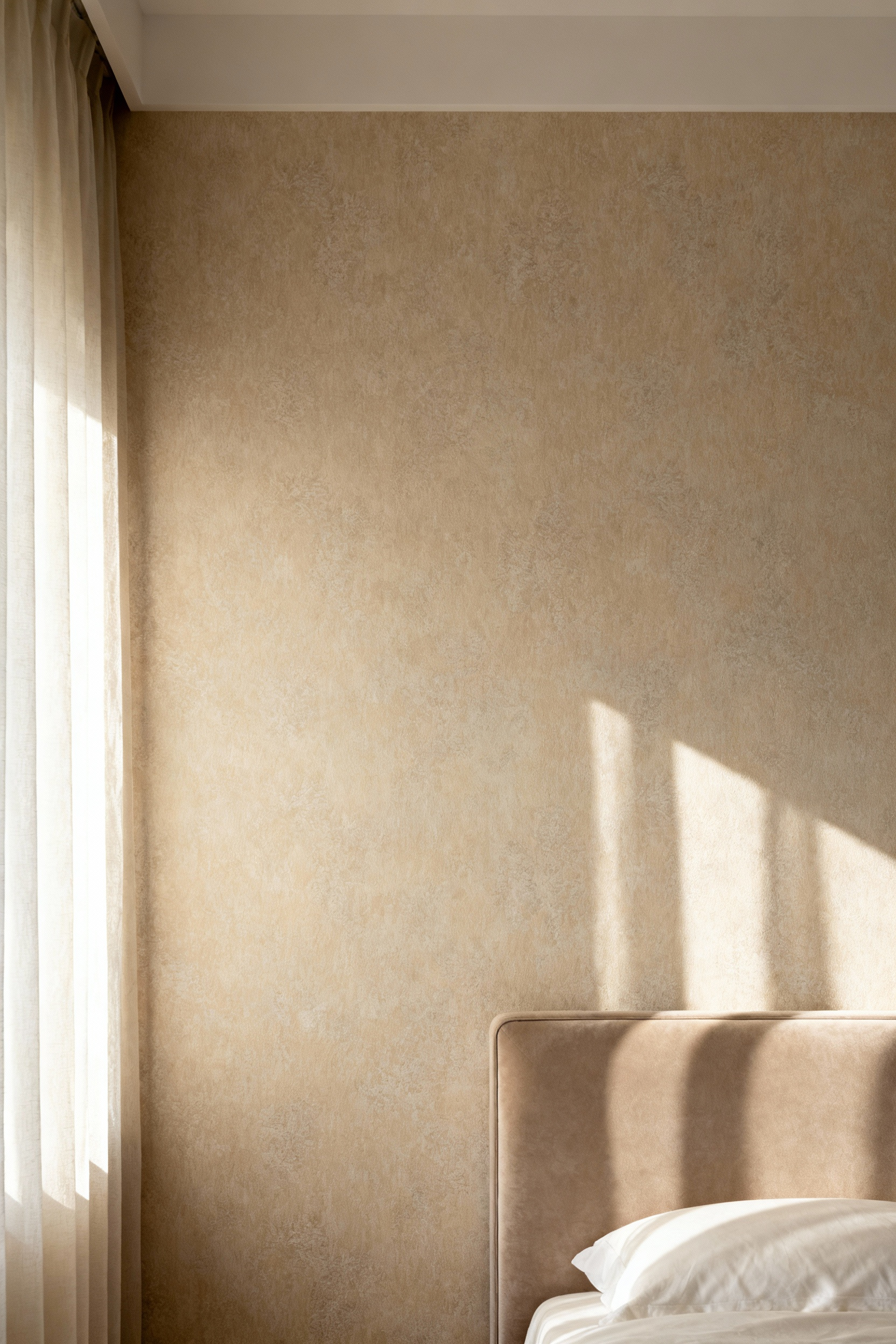 Master bedroom wall with subtle tonal variation wallpaper in a warm oat shade, diffused lighting highlights delicate textures, fostering unobtrusive depth and tranquility.
