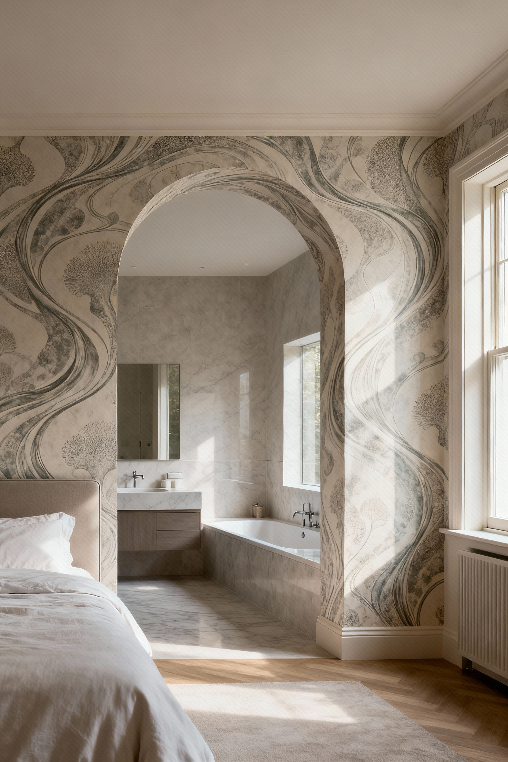 Master bedroom archway with seamless biomorphic wallpaper patterns in muted tones, creating a tranquil visual transition to an adjoining room.