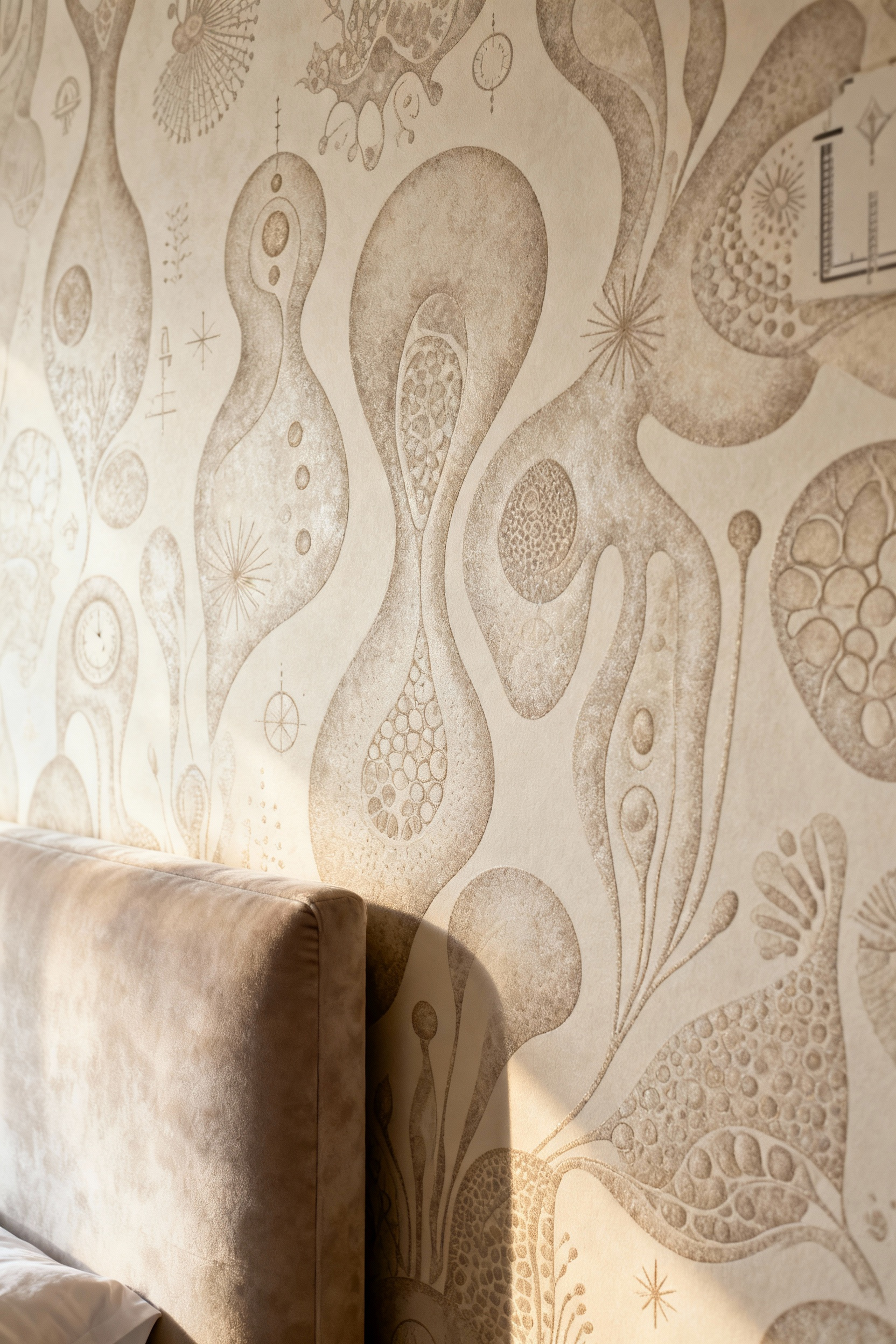 Luxurious master bedroom with custom narrative wallpaper, featuring serene abstract biomorphic patterns and subtle personal symbols in soft, muted tones, capturing mindful design for deep relaxation.