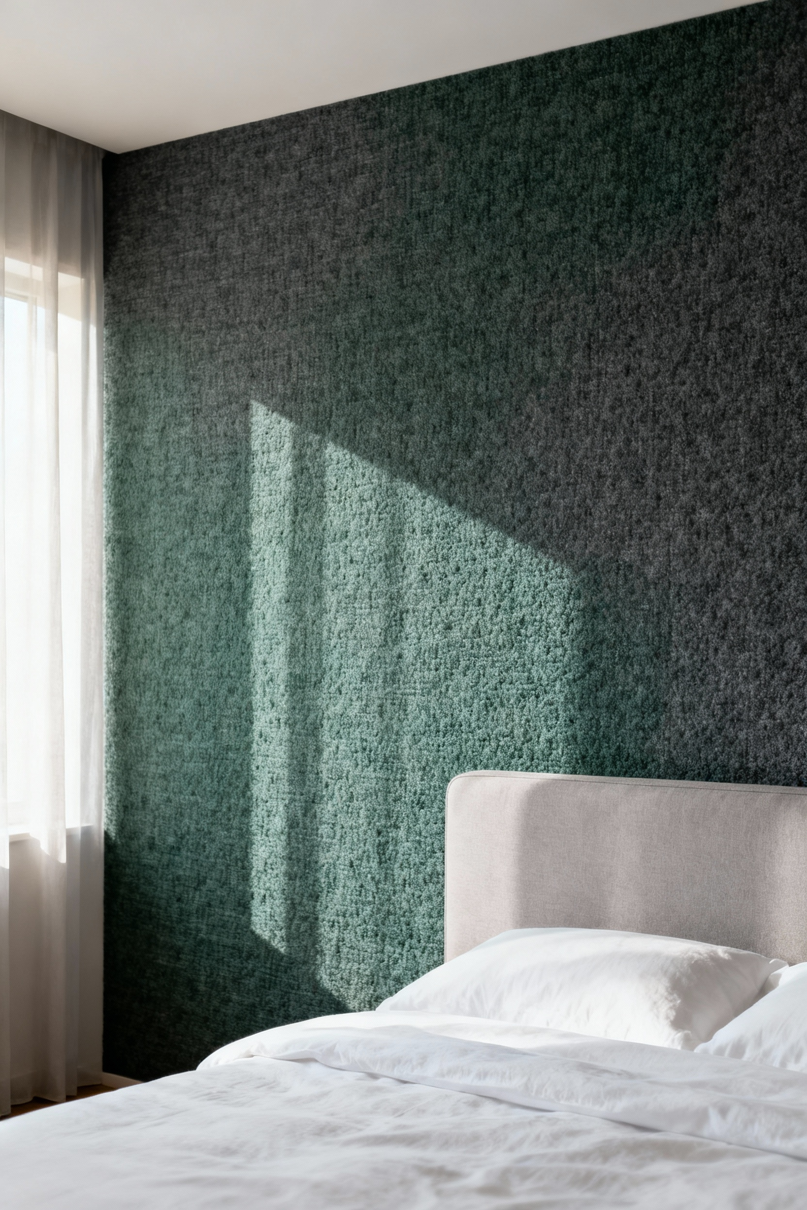 Acoustic bedroom wallpaper in a serene master bedroom, showing textured textiles for sound dampening and calm.