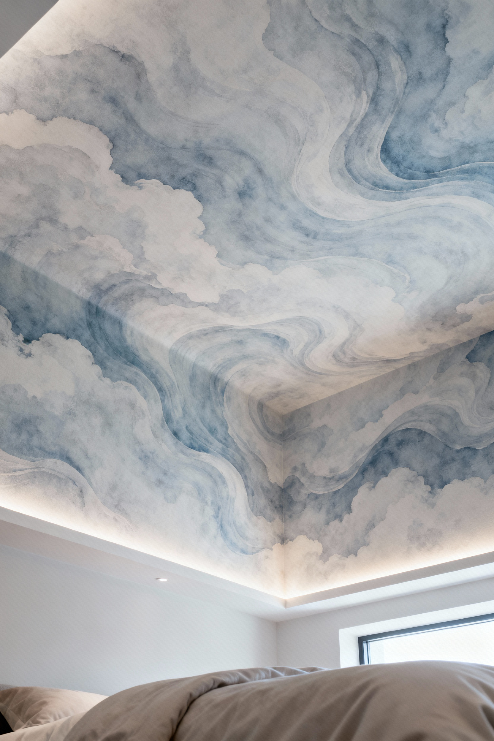 Master bedroom ceiling featuring elegant undulating pattern wallpaper in serene blues and greys, illuminated by hidden cove lighting, creating a spacious and calming 'fifth wall' design.