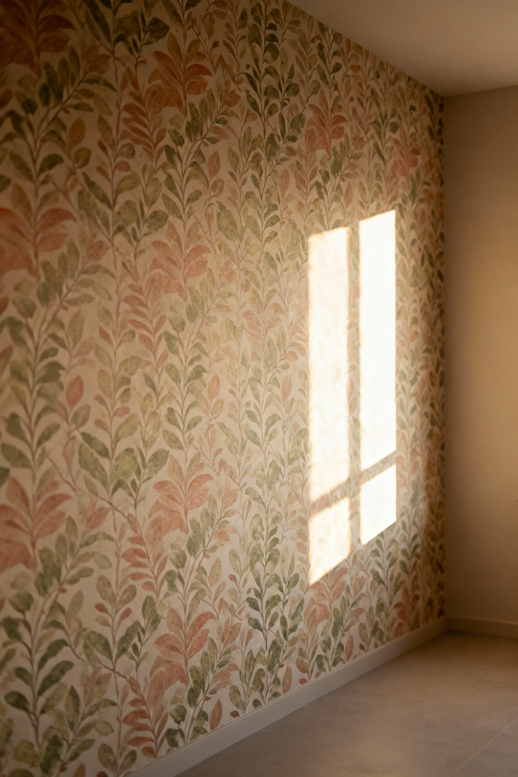 A serene master bedroom wall featuring a large-scale, muted botanical repeating wallpaper pattern, softly lit, showcasing the subtle texture and calming visual impact.