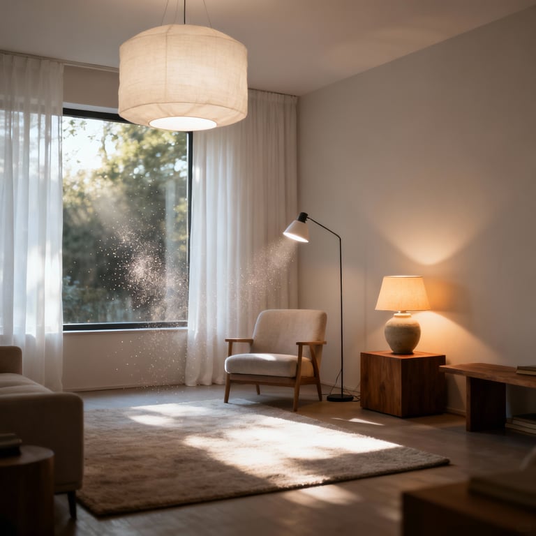 A tranquil Scandinavian living room showcasing multi-layered hygge lighting with a mix of natural light, an overhead pendant, a floor lamp, and a table lamp, creating a warm and inviting atmosphere.