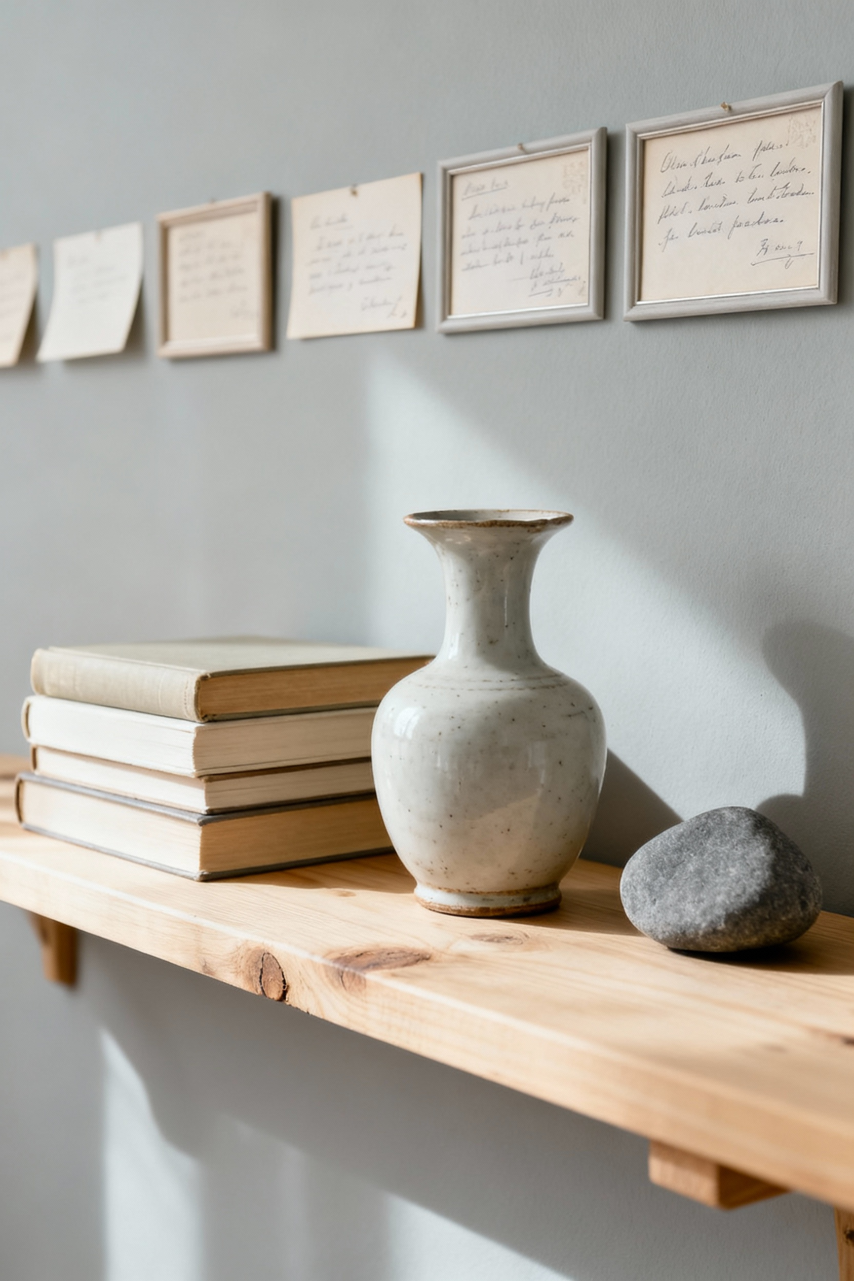 A portrait shot of a Scandinavian living room shelf displaying curated personal artifacts: a vintage porcelain vase, books, a smooth river stone, and framed postcards, all bathed in soft natural light.