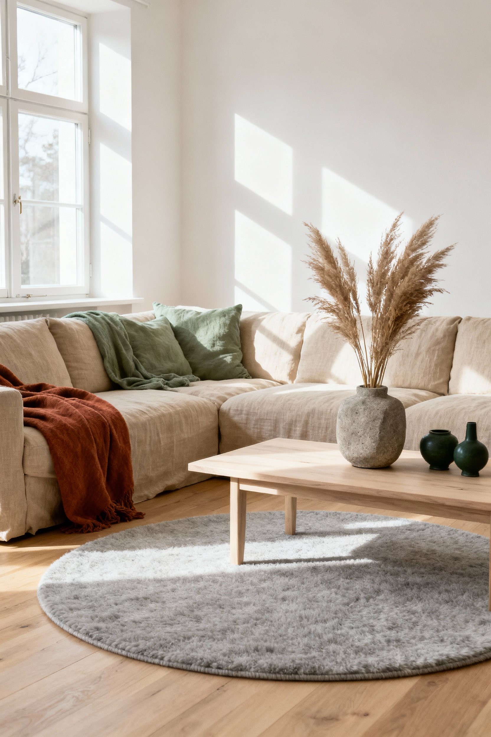 A serene Scandinavian living room featuring an earth-toned color palette. Includes a beige linen sofa, wool rug, wooden coffee table, and soft lighting, creating a tranquil atmosphere.